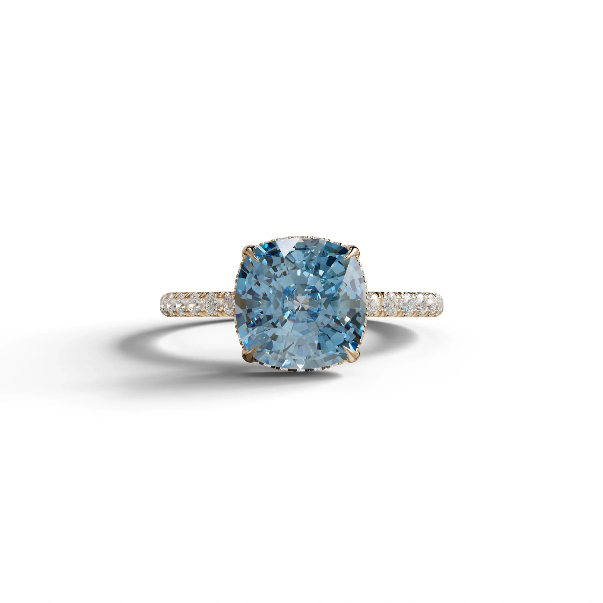 2.5 Carat Blue Cushion Cut Hidden Halo & Pave Lab Grown Diamond Ring - 10K Solid Gold / Rose Gold