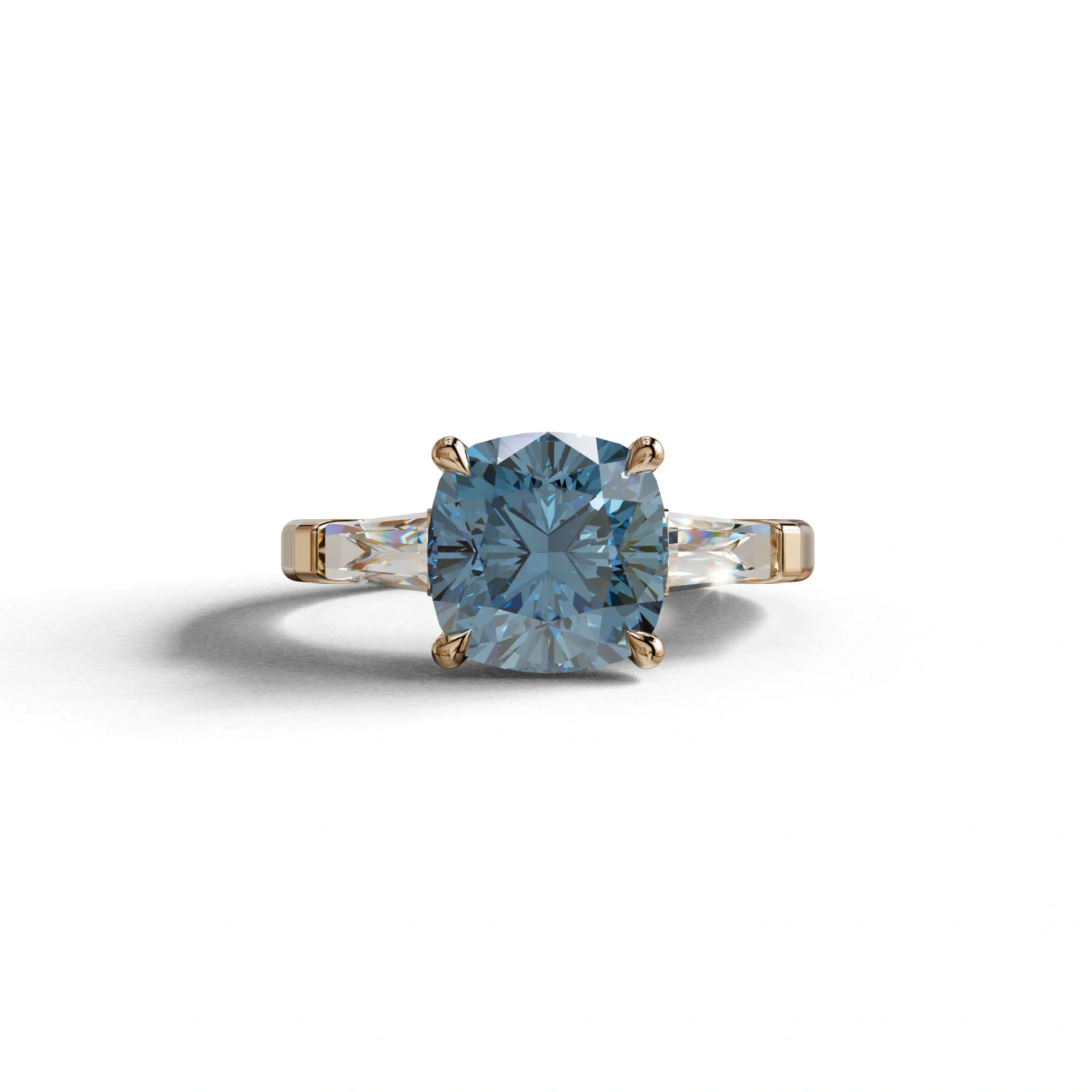 3 Carat Blue Cushion & Tapered Baguette Three Stone Engagement Ring - 10K Solid Gold / Rose Gold