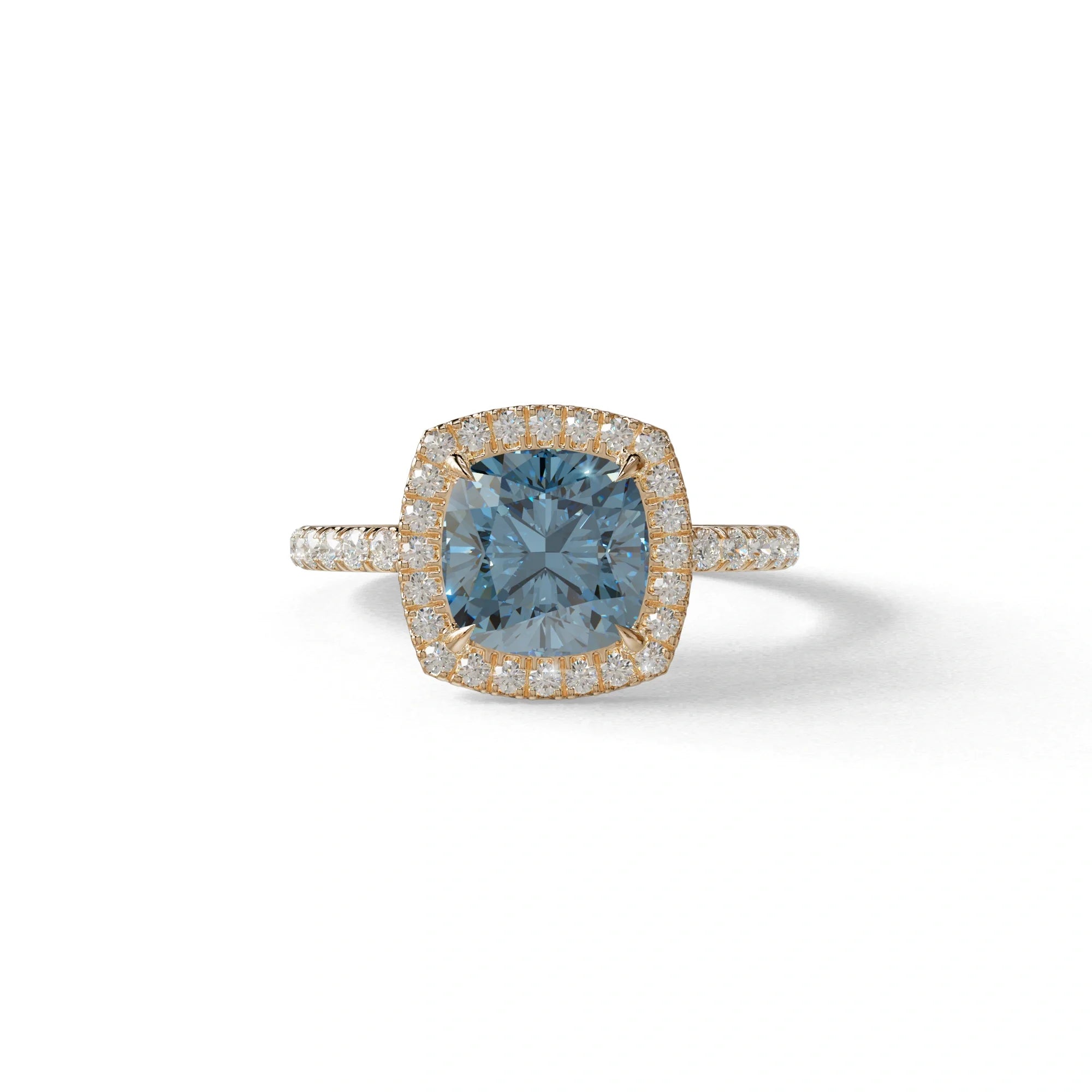 Blue Cushion Cut Halo & Pave Lab Grown Diamond Engagement Ring - Rosa - 2 Carat / 10K Solid Gold / Rose Gold