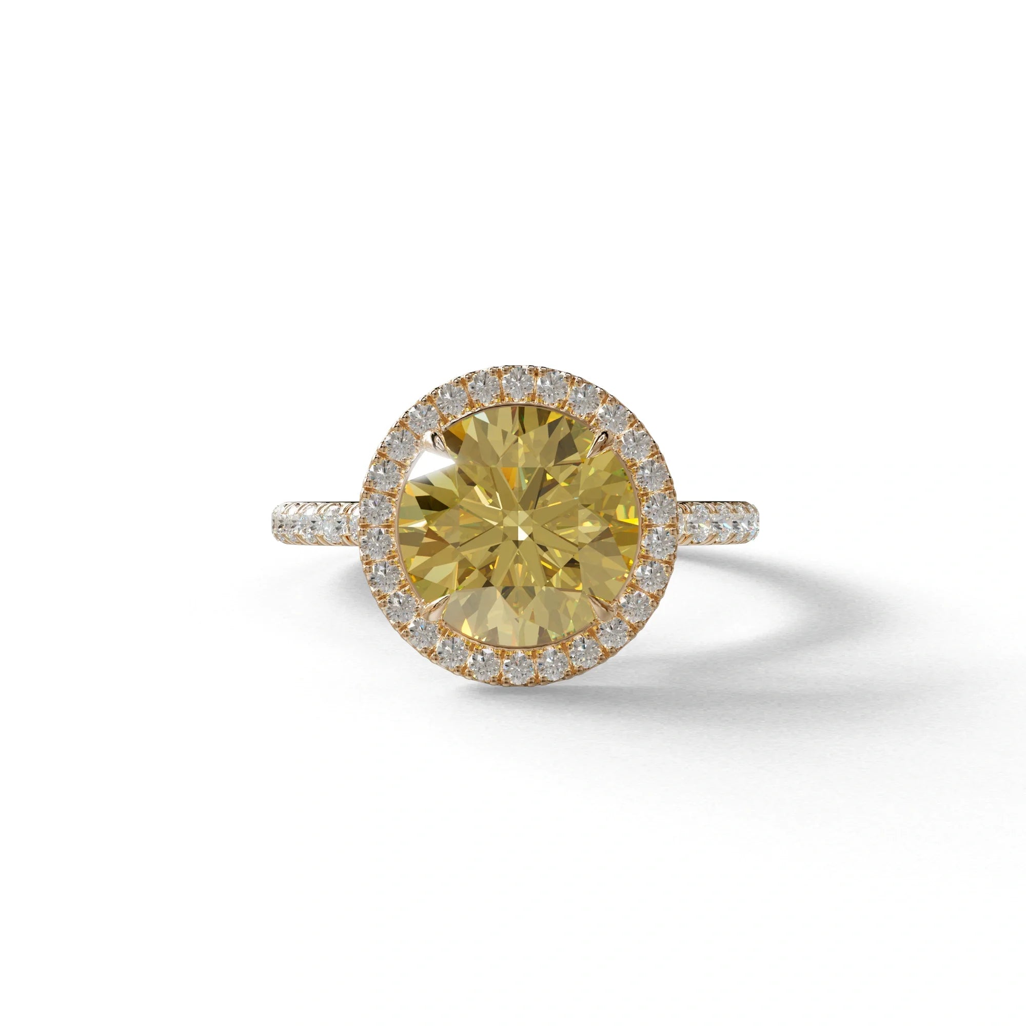 Fancy Yellow Round Cut Halo & Pave Lab Grown Diamond Engagement Ring - Flutura - 2 Carat / 10K Solid Gold / Rose Gold