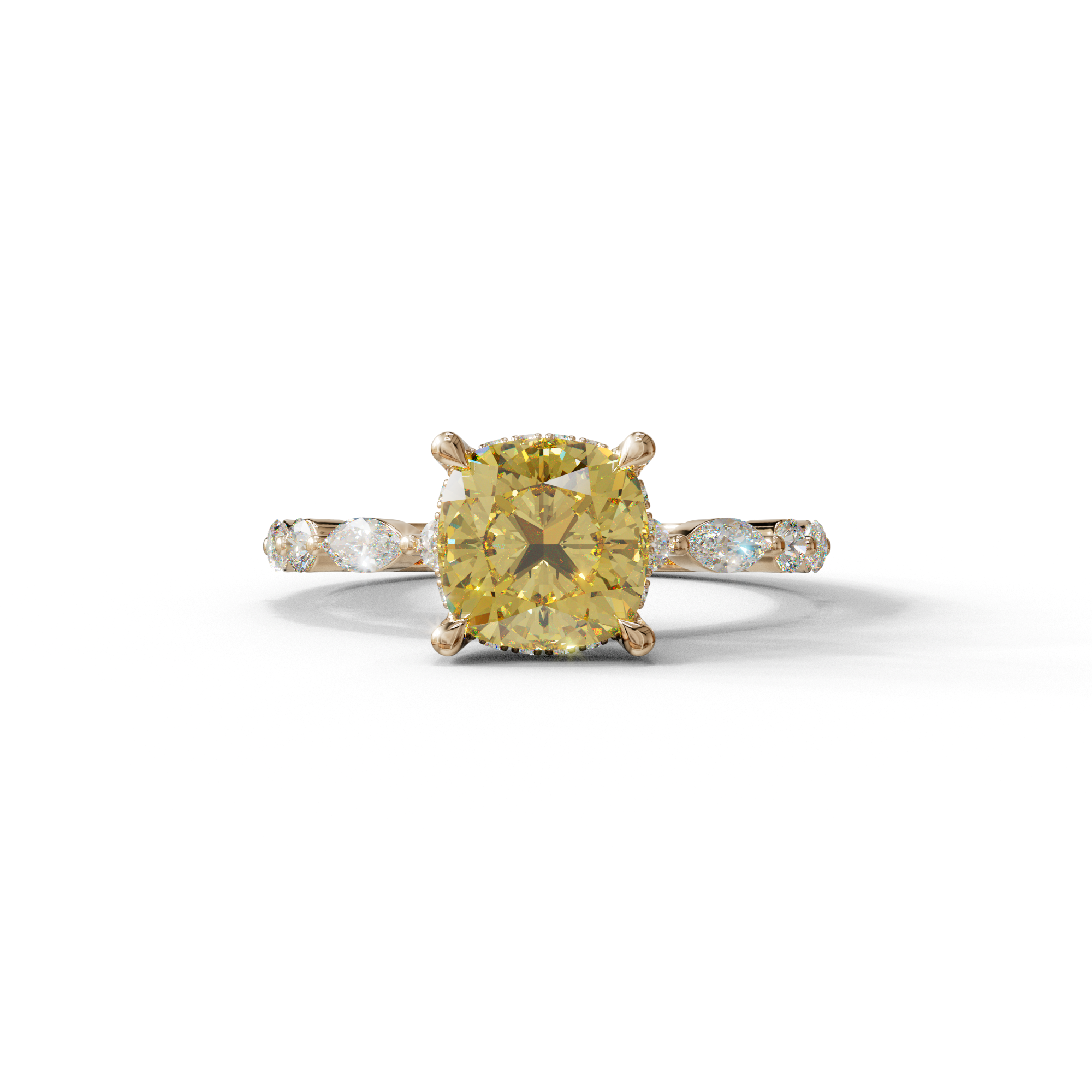 2 Carat Yellow Cushion Cut Hidden Halo & Pave Lab Diamond Ring - Daisy - 10K Solid Gold / Rose Gold