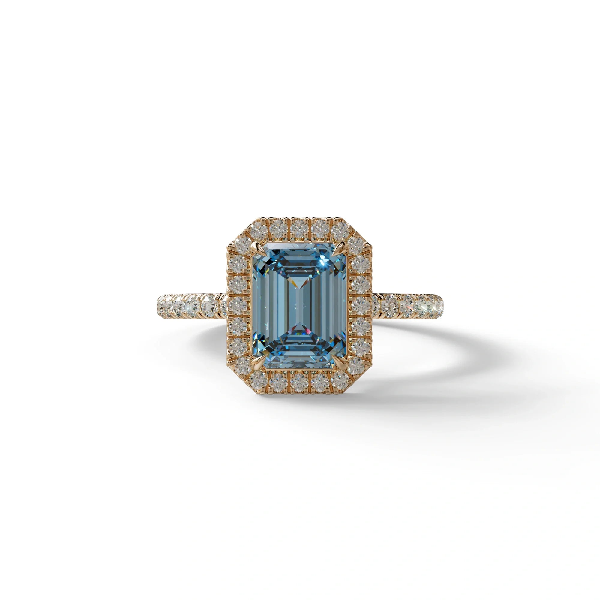 Blue Emerald Cut Halo & Pave Lab Grown Diamond Engagement Ring - Viola - 2 Carat / 10K Solid Gold / Rose Gold
