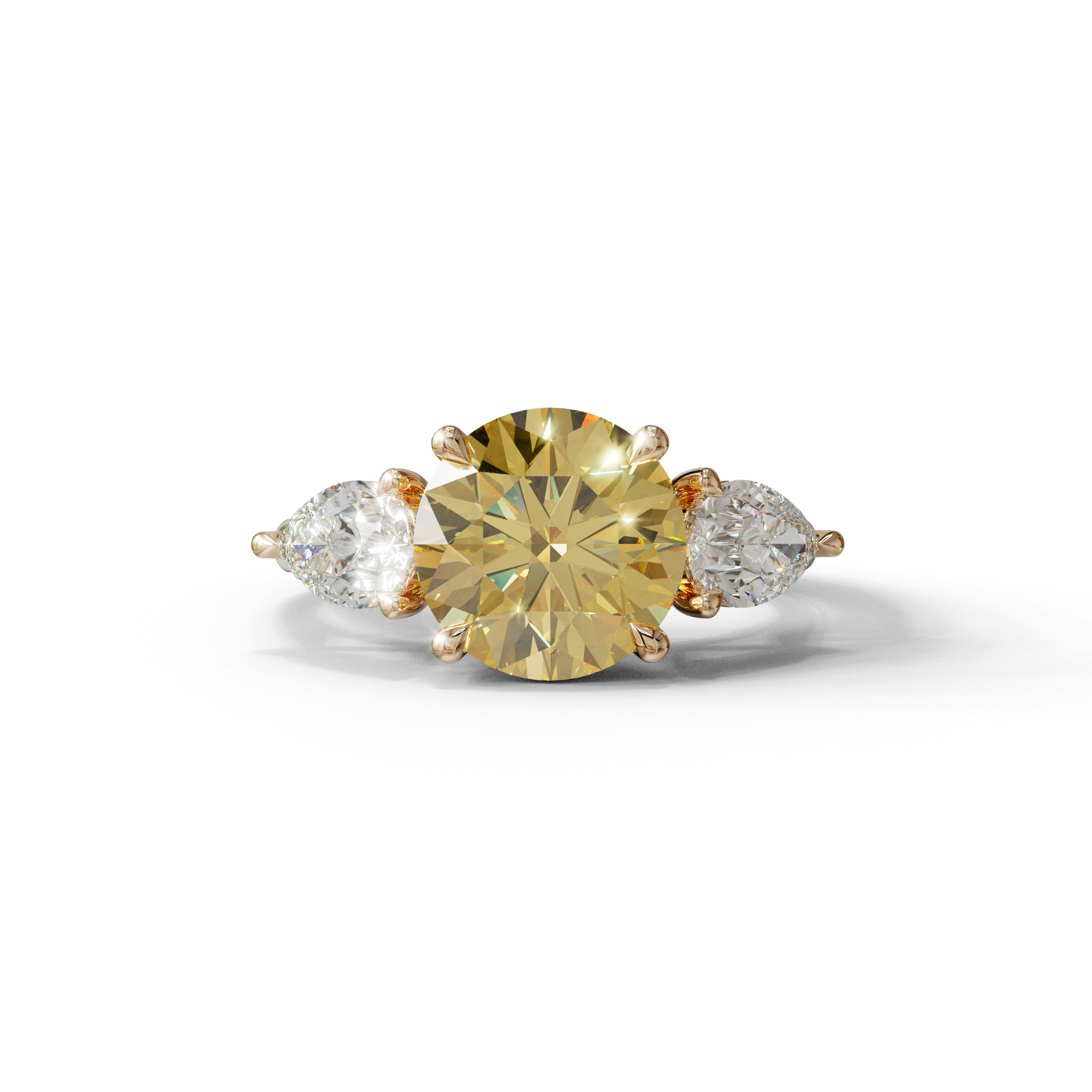 4 Carat Yellow Round & Pear Cut Three Stone Lab Diamond Ring - Luminous - 10K Solid Gold / Rose Gold