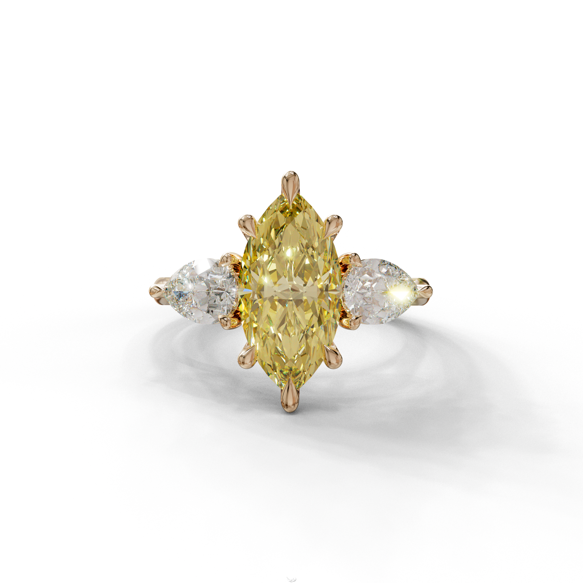 3 Carat Canary Yellow Marquise & Pear Cut Three Stone Lab Grown Diamond Engagement Ring - 10K Solid Gold / Rose Gold