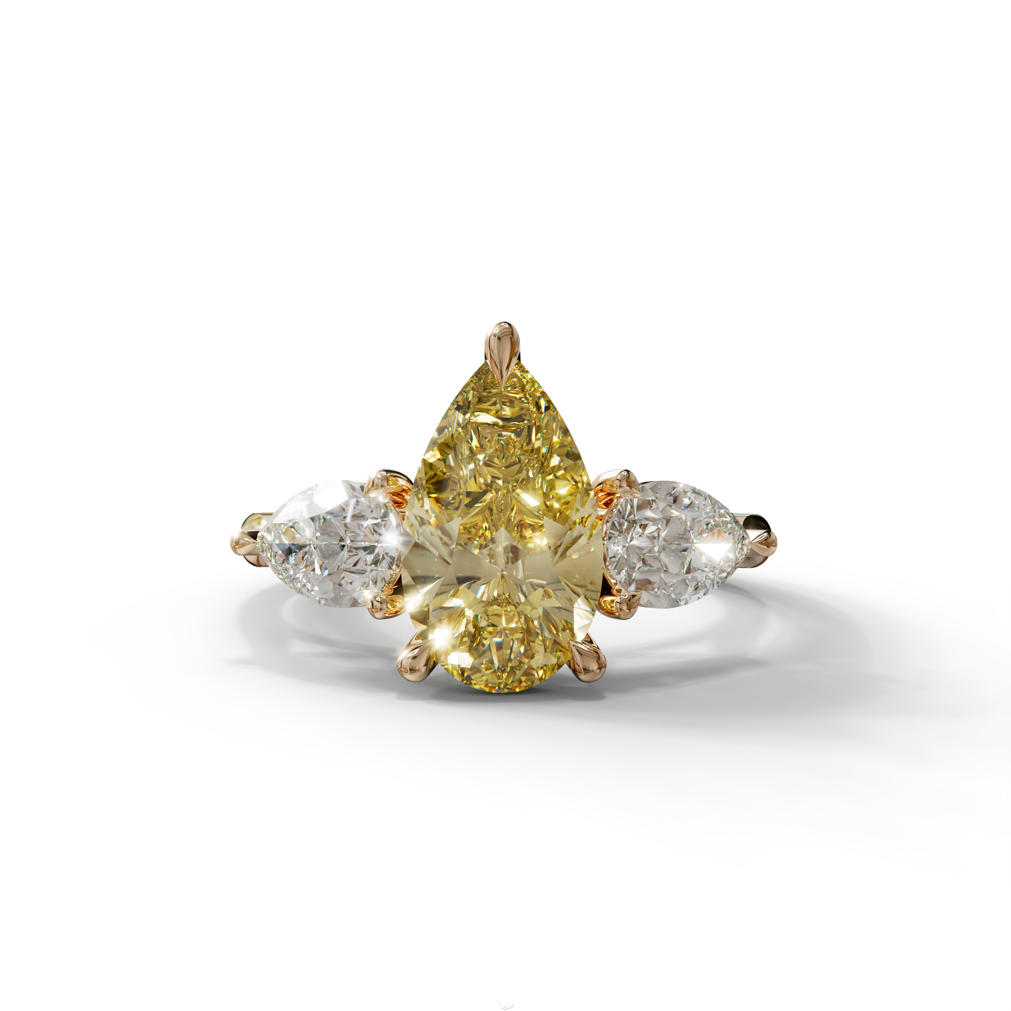 4 Carat Canary Yellow Pear Cut Three Stone Lab Grown Diamond Engagement Ring - 10K Solid Gold / Rose Gold