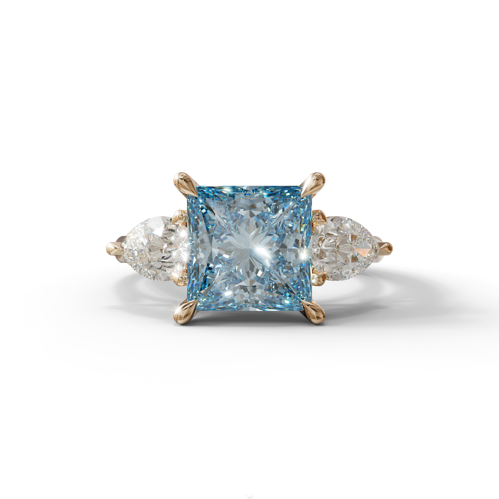 4 Carat Fancy Blue Princess Cut Three Stone Lab Grown Diamond Engagement Ring - 10K Solid Gold / Rose Gold