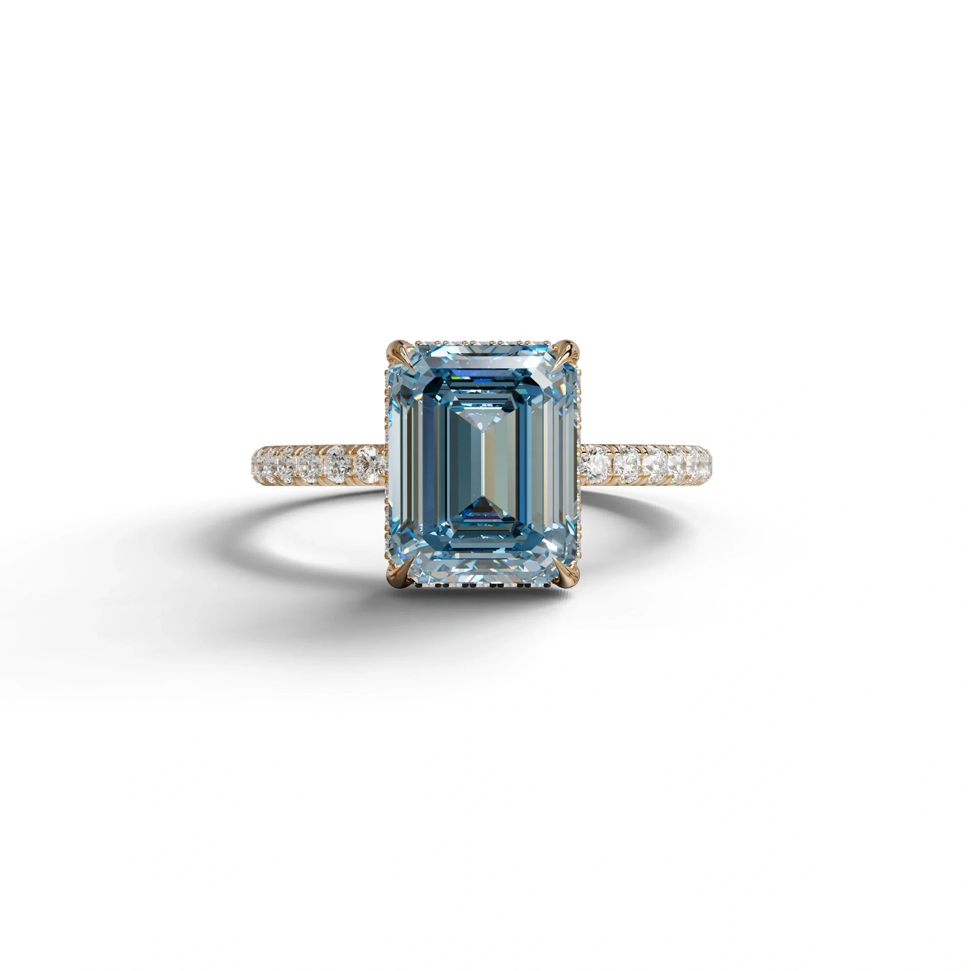 3 Carat Blue Emerald Cut Lab Diamond In Hidden Halo & Pave Setting Ring - 10K Solid Gold / Rose Gold