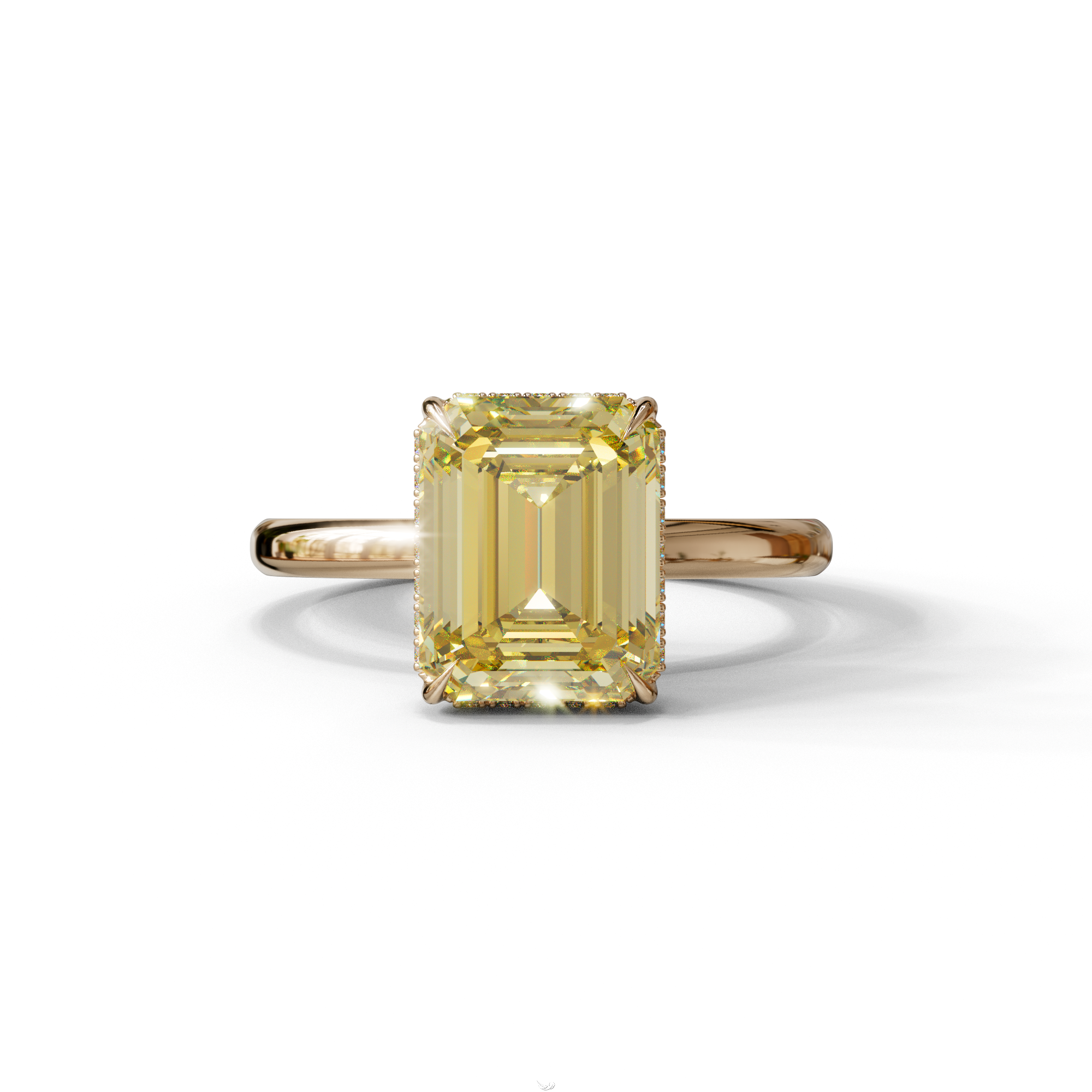 3 Carat Yellow Emerald Cut Hidden Halo & Claw Setting Lab Grown Diamond Ring - 10K Solid Gold / Rose Gold
