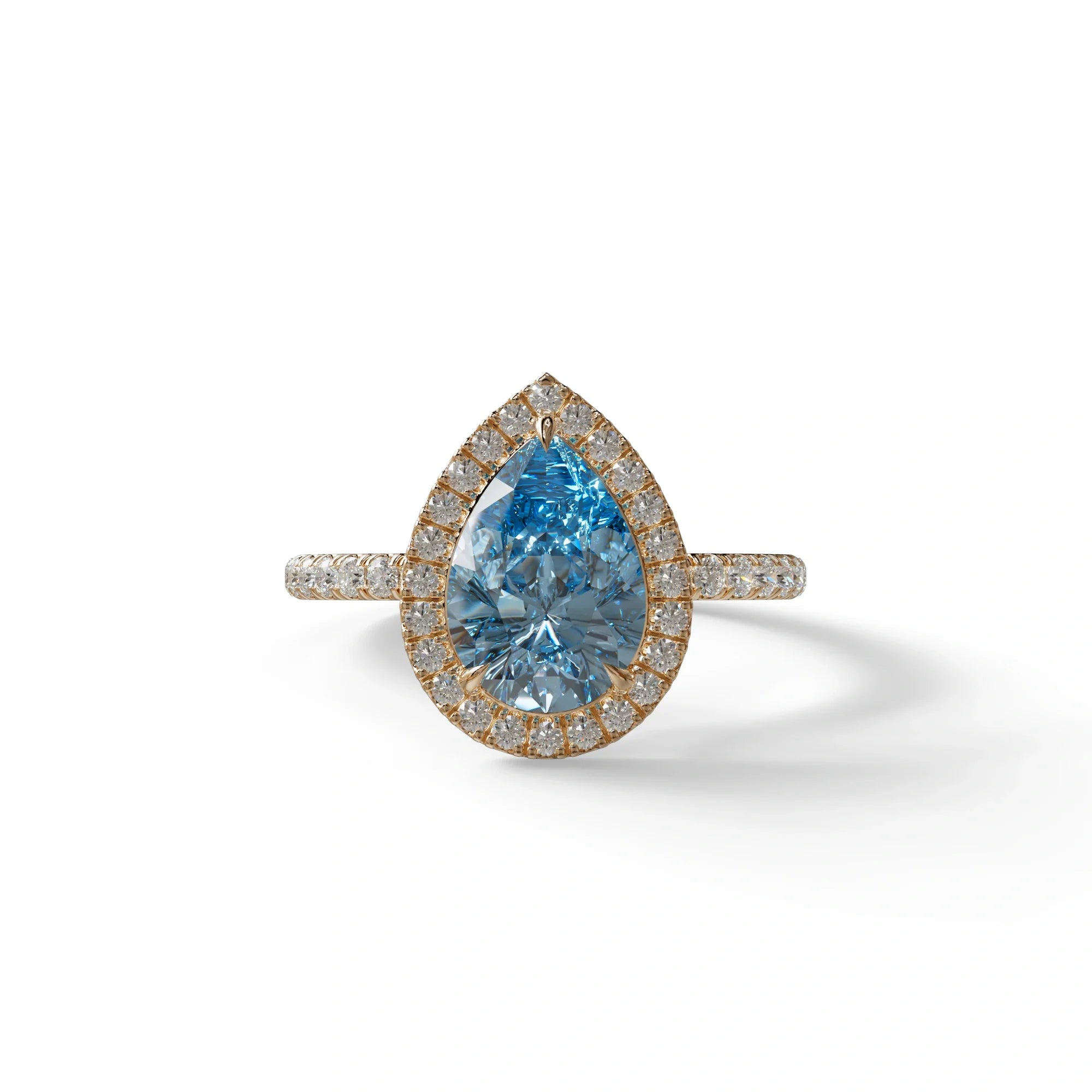 2 Carat Blue Pear Cut Halo & Pave Lab Diamond Ring - Glam Deck - 10K Solid Gold / Rose Gold