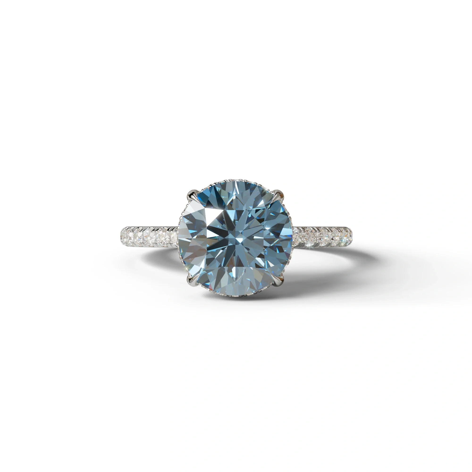 3.5 Carat Blue Round Cut Lab Diamond Ring - Halo & Pave Setting Wedding Ring - 10K Solid Gold / White Gold