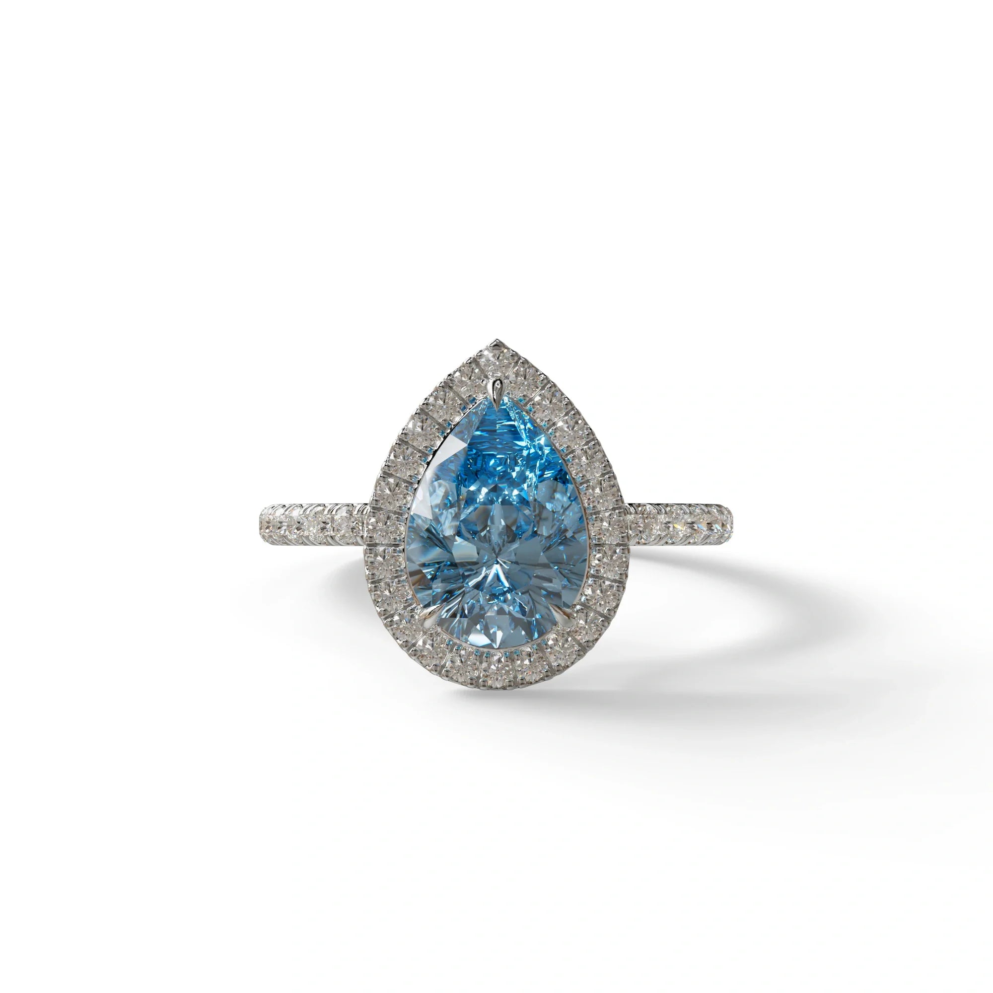 2 Carat Blue Pear Cut Halo & Pave Lab Diamond Ring - Glam Deck - 10K Solid Gold / White Gold