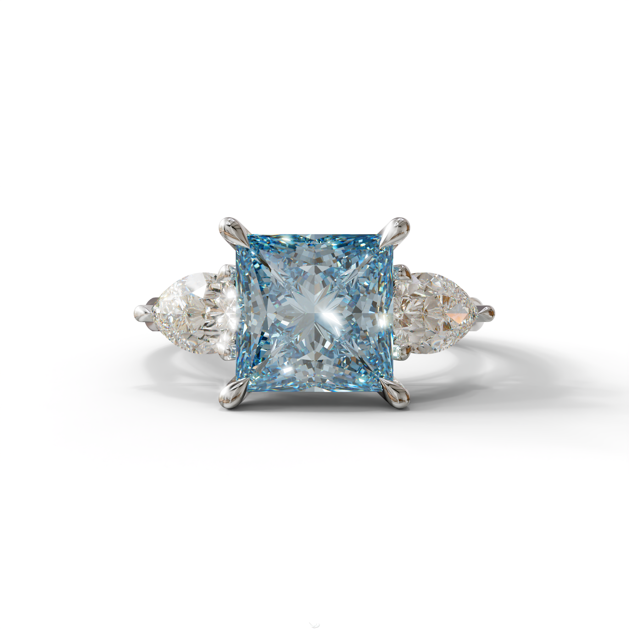 4 Carat Fancy Blue Princess Cut Three Stone Lab Grown Diamond Engagement Ring - 10K Solid Gold / White Gold