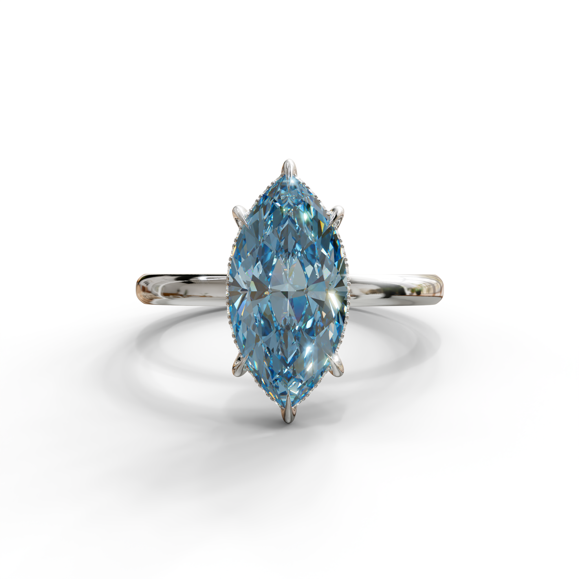 3.5 Carat Blue Marquise Cut Hidden Halo & Claw Setting Lab Grown Diamond Ring - Meraviglioso - 10K Solid Gold / White