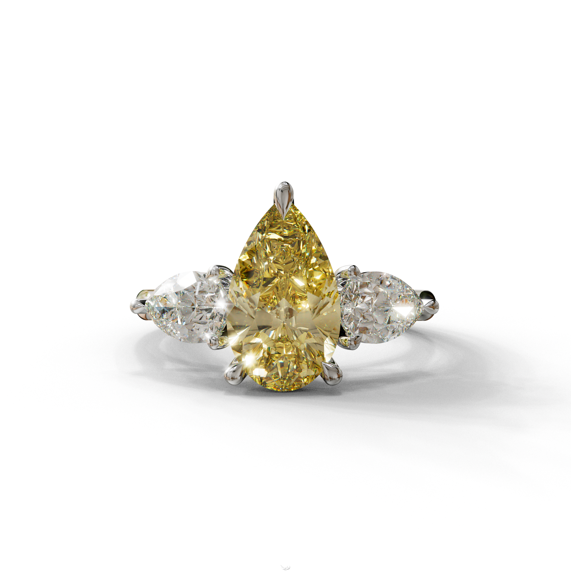 4 Carat Canary Yellow Pear Cut Three Stone Lab Grown Diamond Engagement Ring - 10K Solid Gold / White Gold