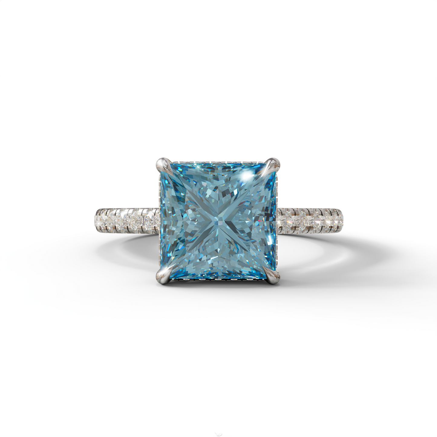 3 Carat Blue Square‑Cut Center Stone Engagement Ring – Hidden Halo & Pavé Design