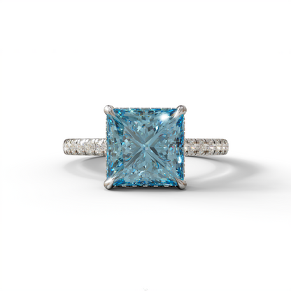 3 Carat Blue Square‑Cut Center Stone Engagement Ring – Hidden Halo & Pavé Design
