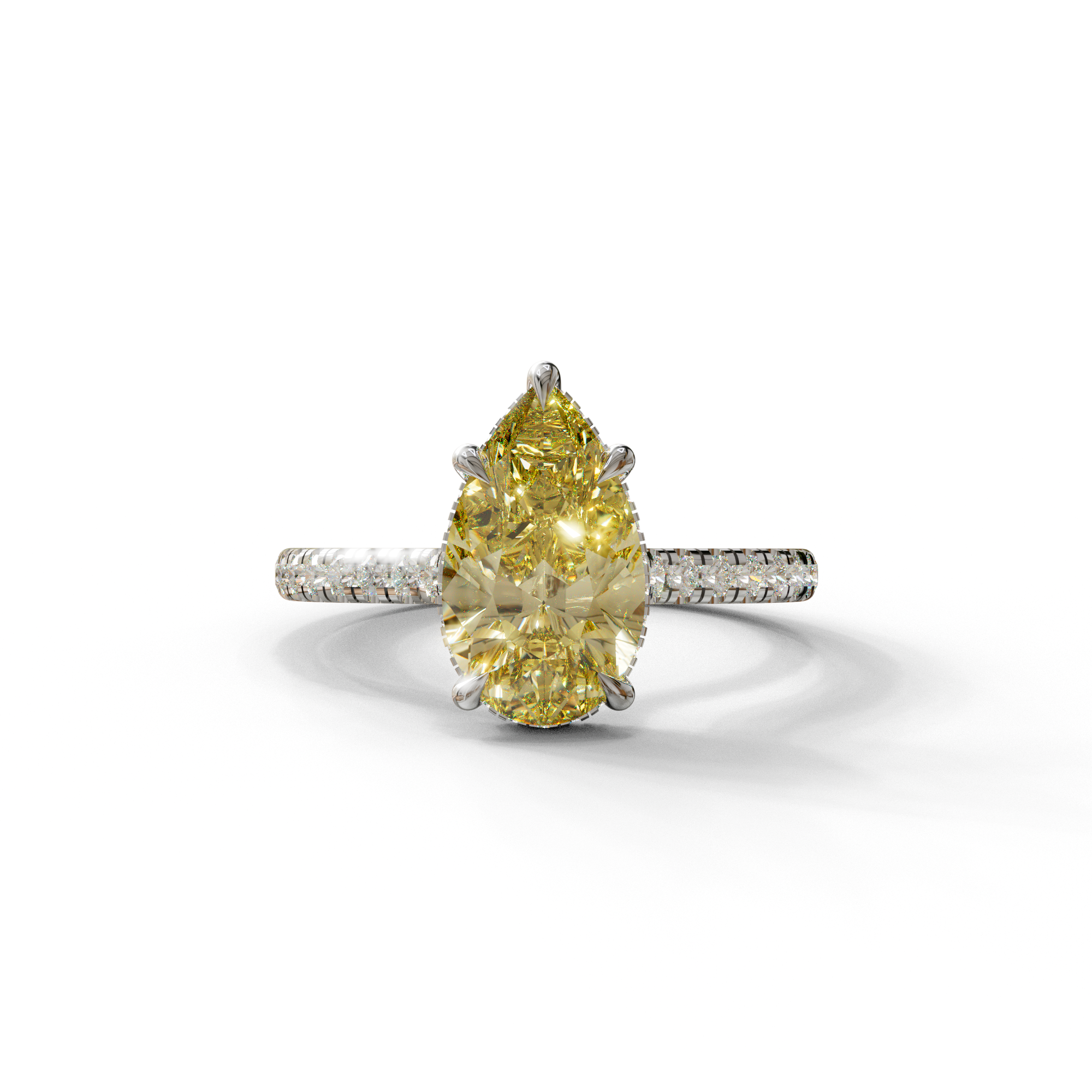 3 Carat Yellow Pear Cut Hidden Halo & Pave Set Lab Diamond Ring - Eblouissant - 10K Solid Gold / White Gold
