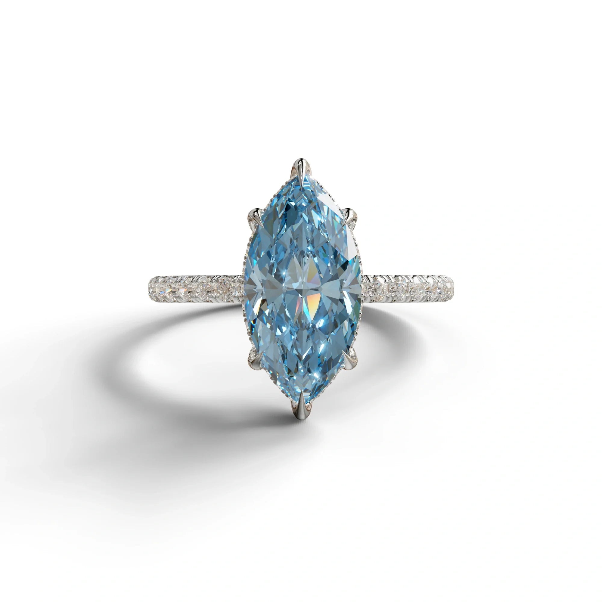3 Carat Blue Marquise Cut Lab Diamond In Hidden Halo & Pave Setting Ring - 10K Solid Gold / White Gold