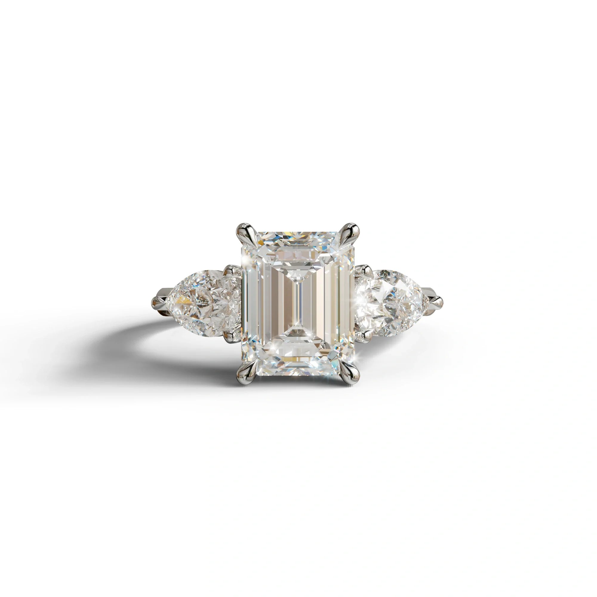 4 Carat E/VVS Emerald & Pear Cut Three Stone Lab Grown Diamond Engagement Ring - 10K Solid Gold / White Gold
