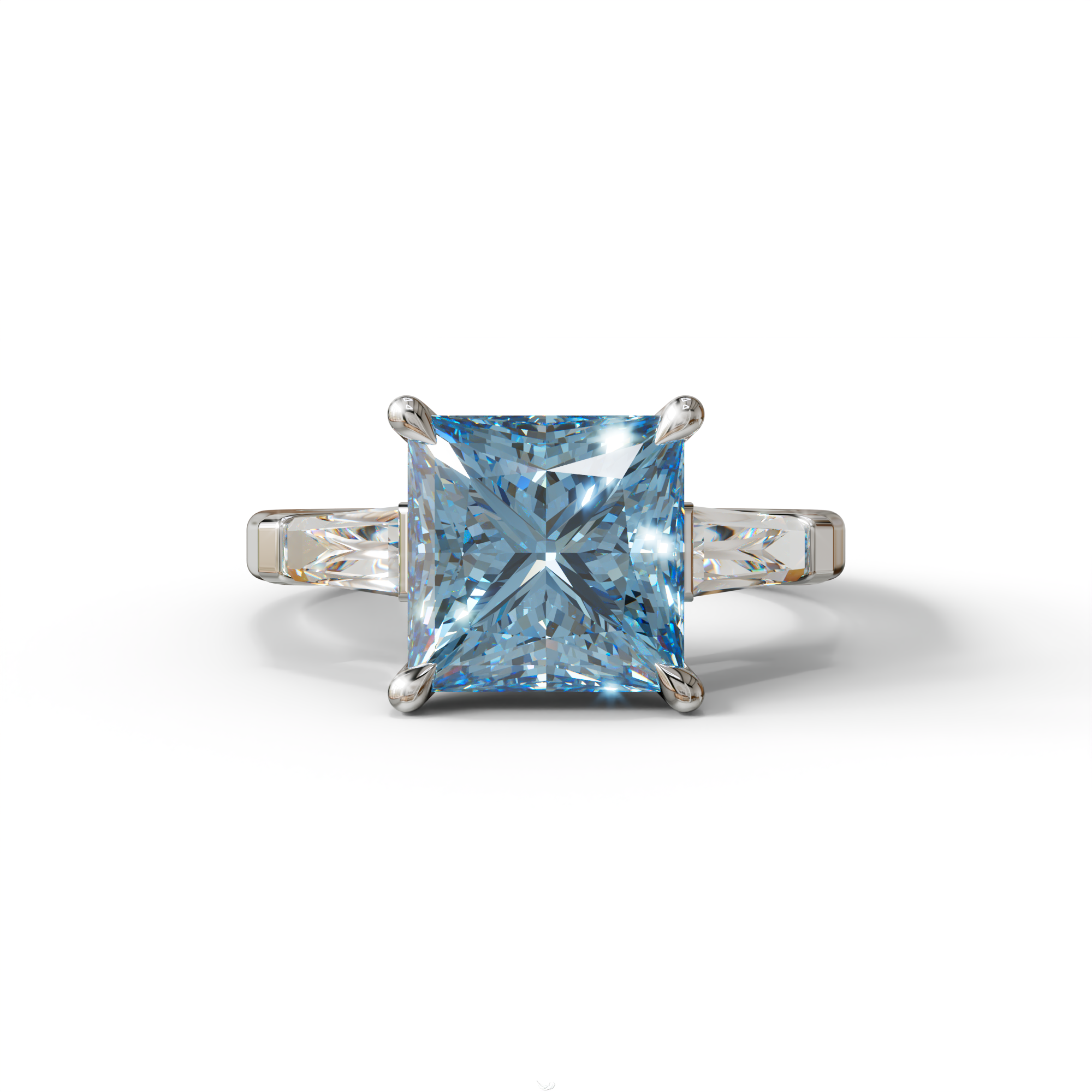 3 Carat Blue Princess & Baguette Cut Lab Grown Diamond Ring - Alluring - 10K Solid Gold / White Gold