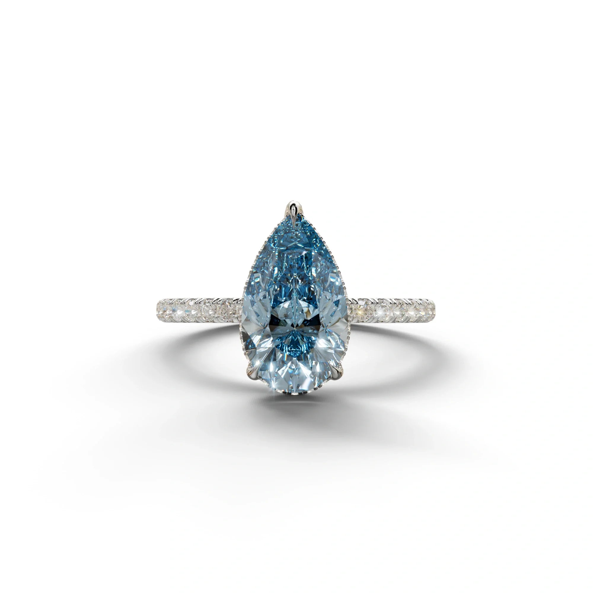 2 Carat Blue Pear Cut Hidden Halo & Pave Lab Diamond Ring - 10K Solid Gold / White Gold