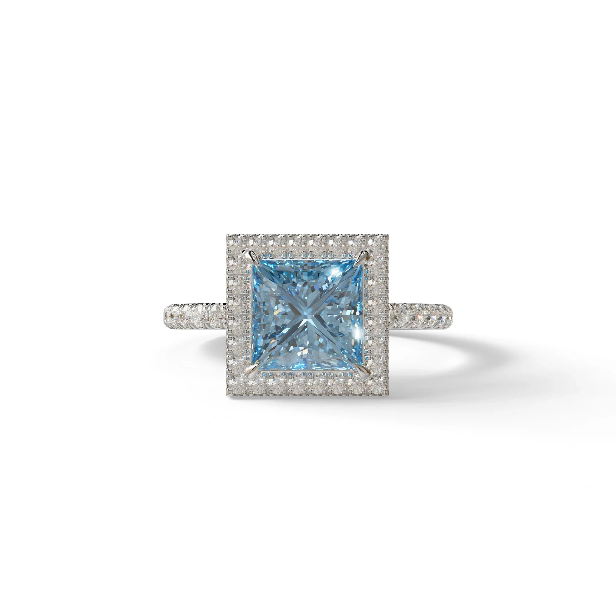 2 Carat Blue Princess Cut Halo & Pave Lab Diamond Ring - Diamond Prime - 10K Solid Gold / White Gold