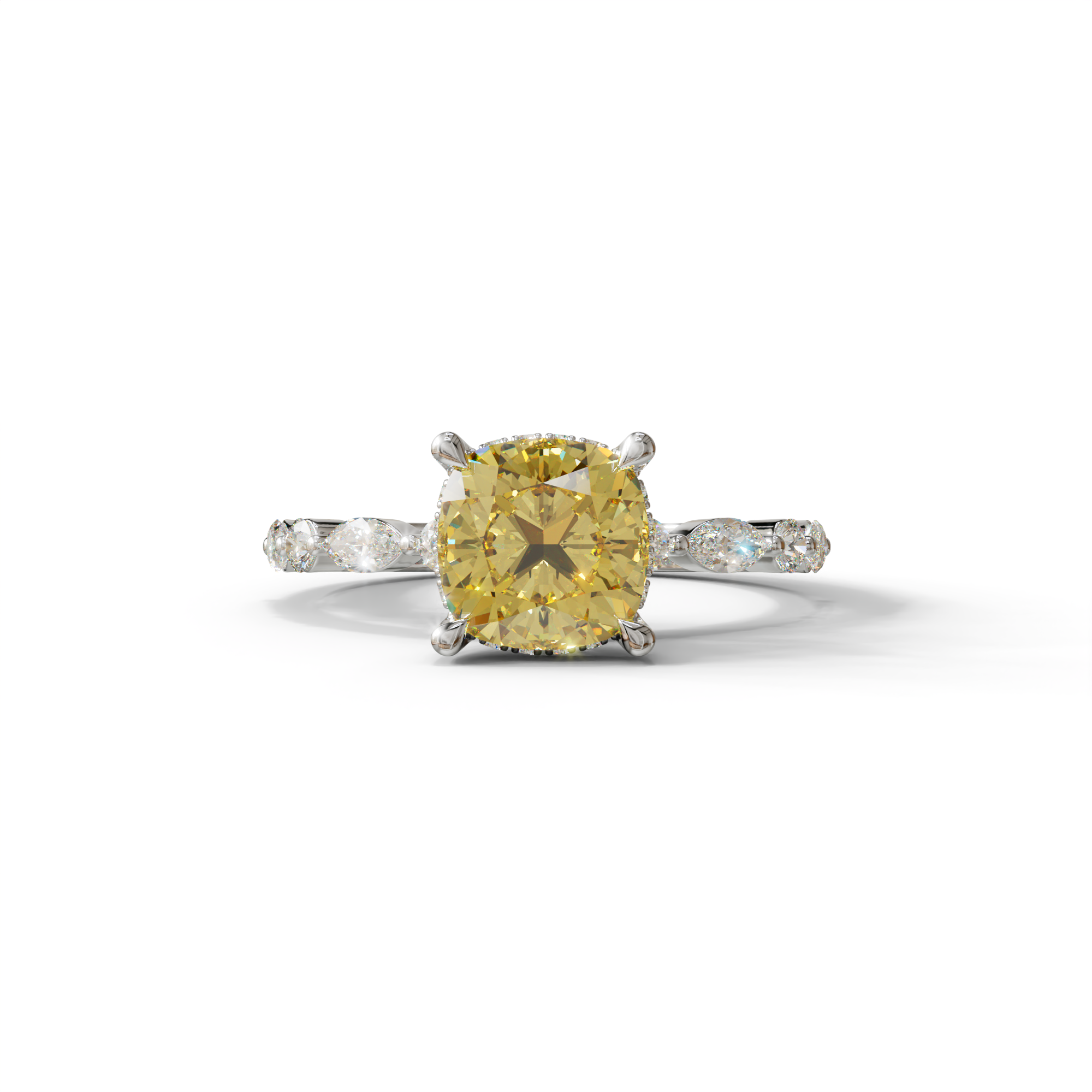 2 Carat Yellow Cushion Cut Hidden Halo & Pave Lab Diamond Ring - Daisy - 10K Solid Gold / White Gold