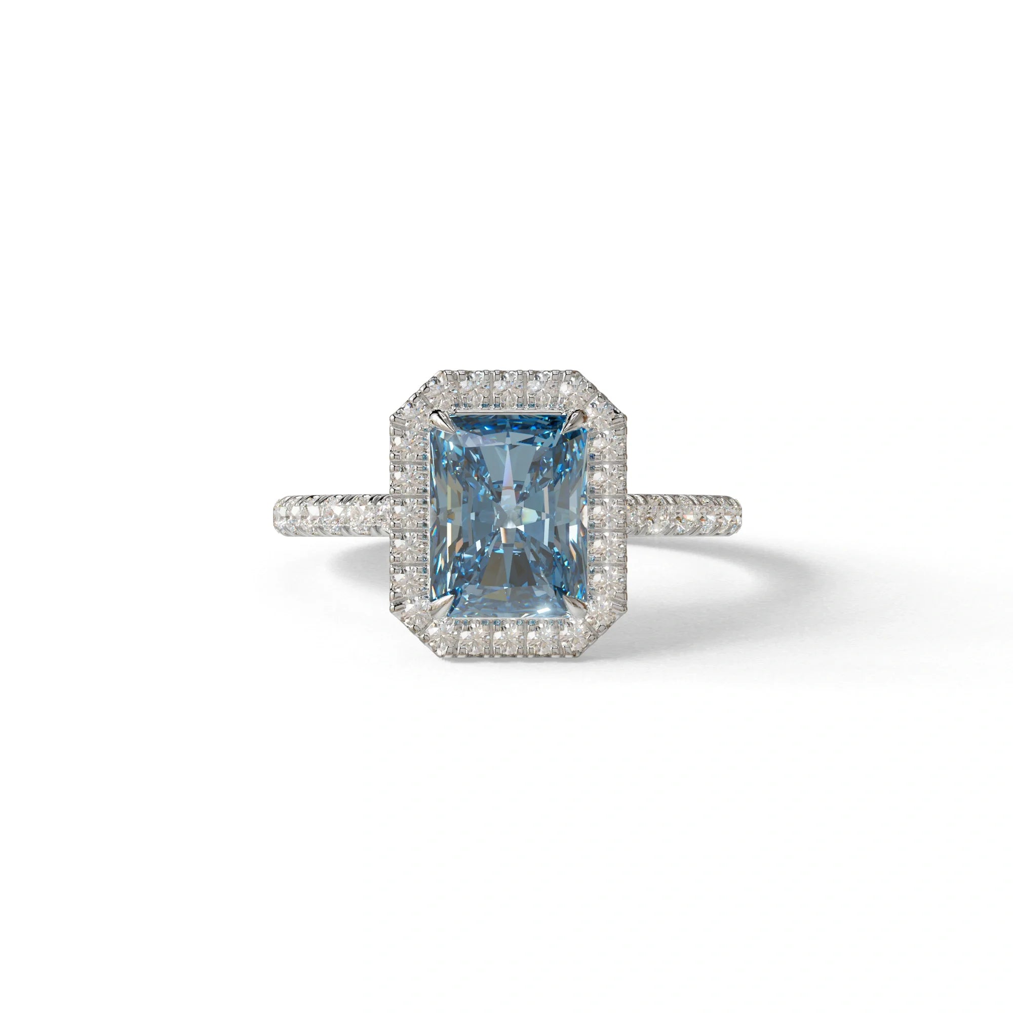 Blue Radiant Cut Halo & Pave Lab Grown Diamond Engagement Ring - Madison - 2 Carat / 10K Solid Gold / White Gold