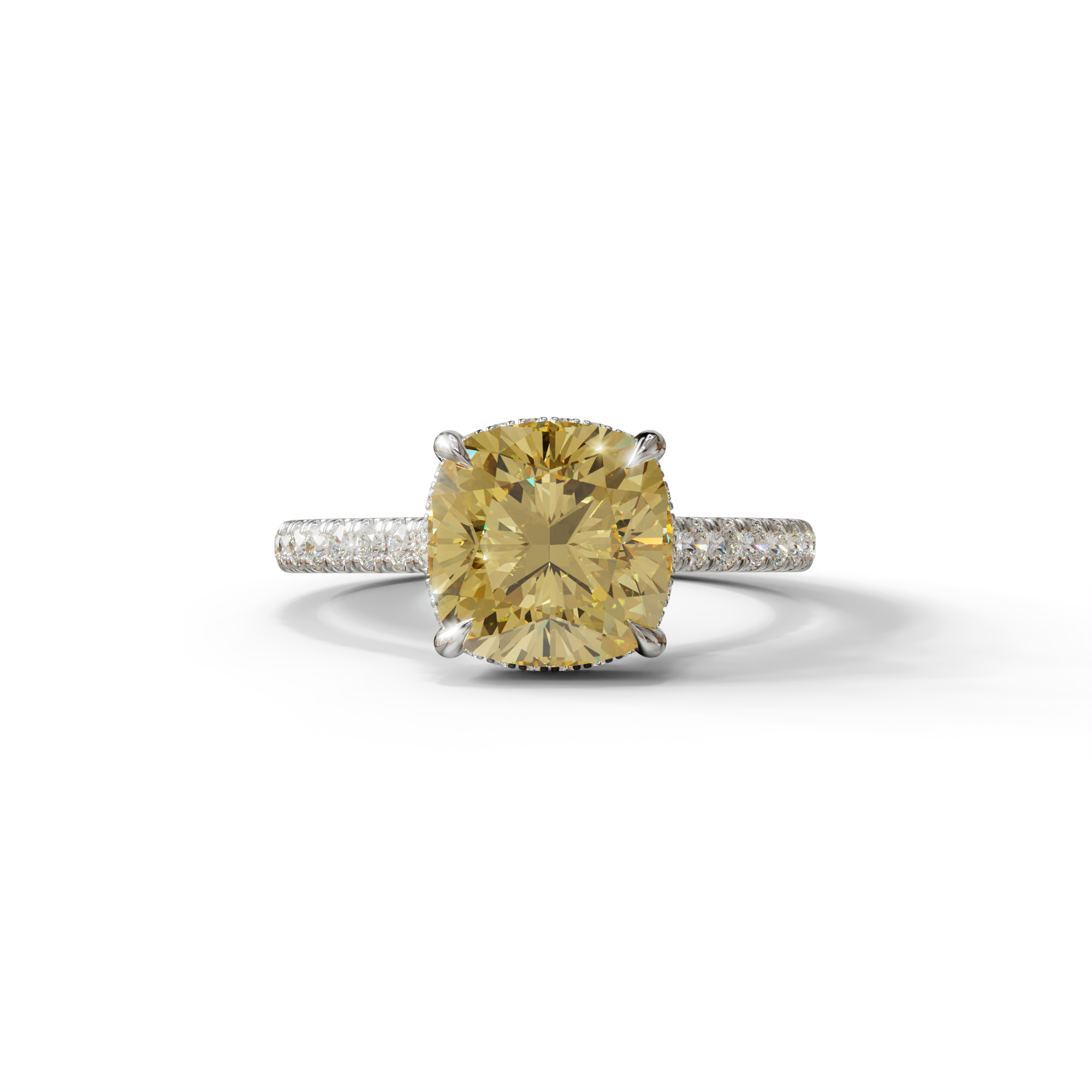 2.5 Carat Yellow Cushion Cut Hidden Halo & Pave Lab Diamond Ring - Éblouissant - 10K Solid Gold / White Gold