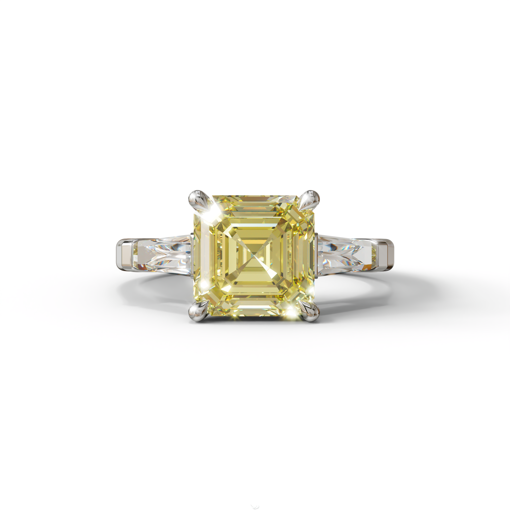 3 Carat Yellow Asscher & Baguette Cut Multi Stone Lab Diamond Ring - Brillante - 10K Solid Gold / White Gold