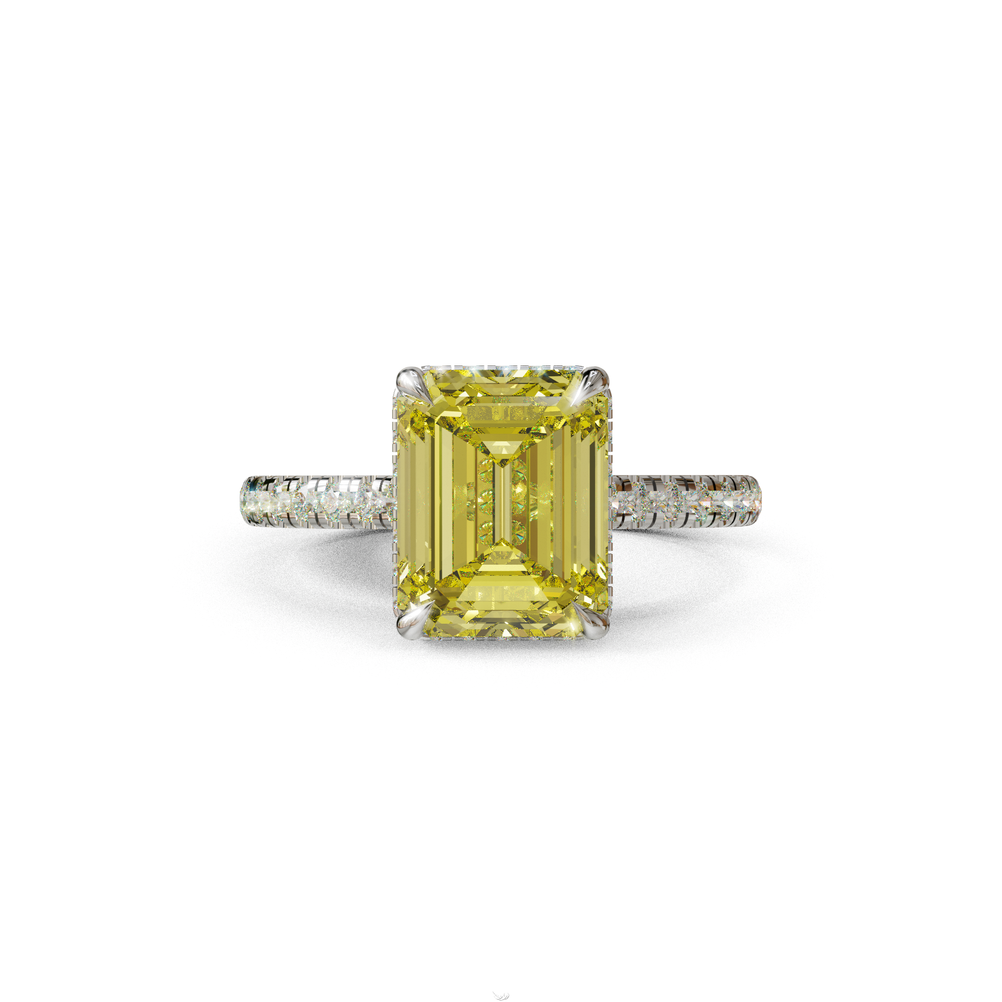 2.5 Ct Yellow Emerald Cut Lab Diamond In Hidden Halo & Pave Setting RIng - Siena - 10K Solid Gold / White Gold