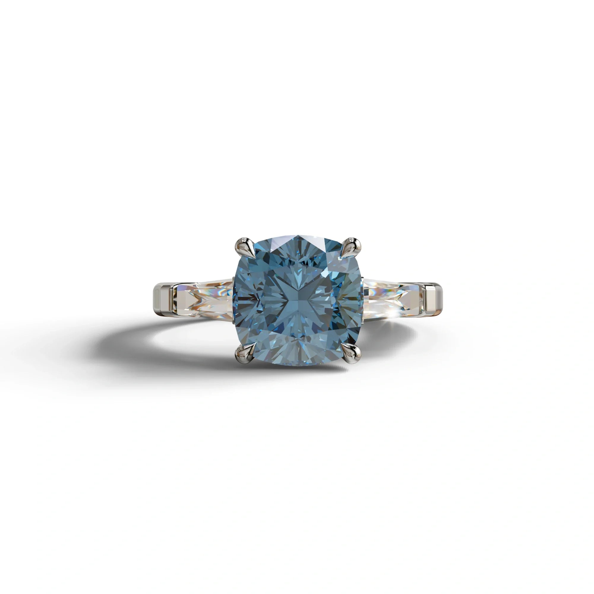 3 Carat Blue Cushion & Tapered Baguette Three Stone Engagement Ring - 10K Solid Gold / White Gold