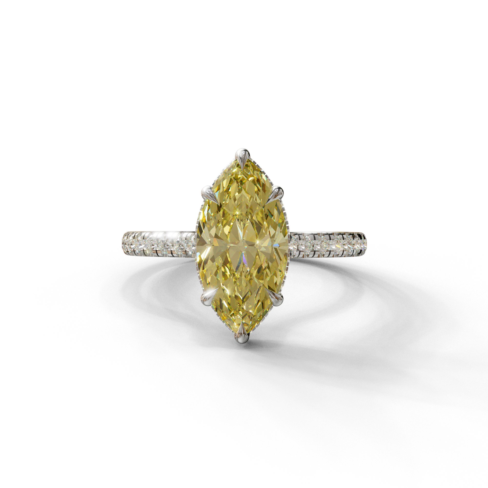 3 Carat Yellow Marquise Cut Hidden Halo & Pave Set Lab Diamond Ring - Eblouissant - 10K Solid Gold / White Gold