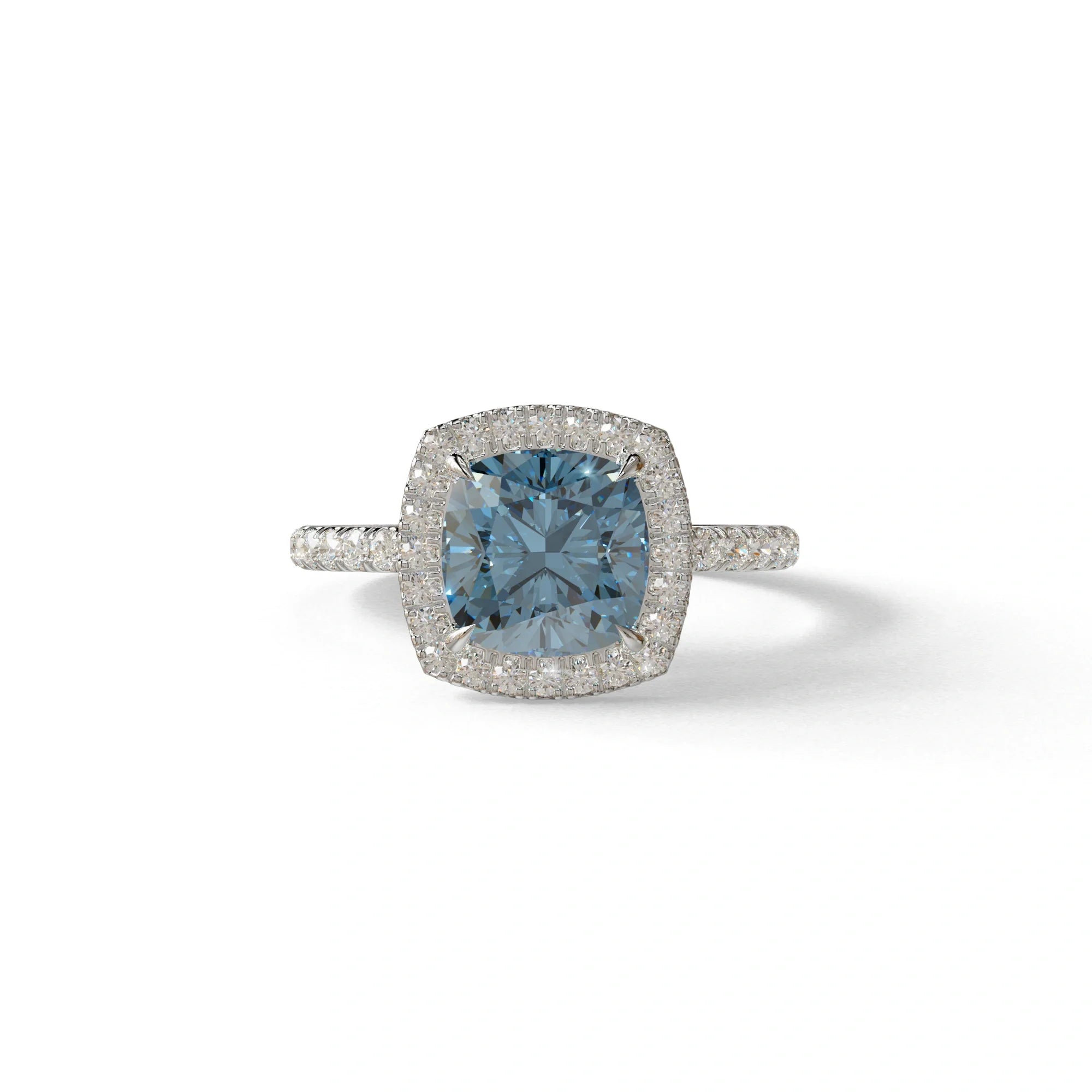Blue Cushion Cut Halo & Pave Lab Grown Diamond Engagement Ring - Rosa - 2 Carat / 10K Solid Gold / White Gold