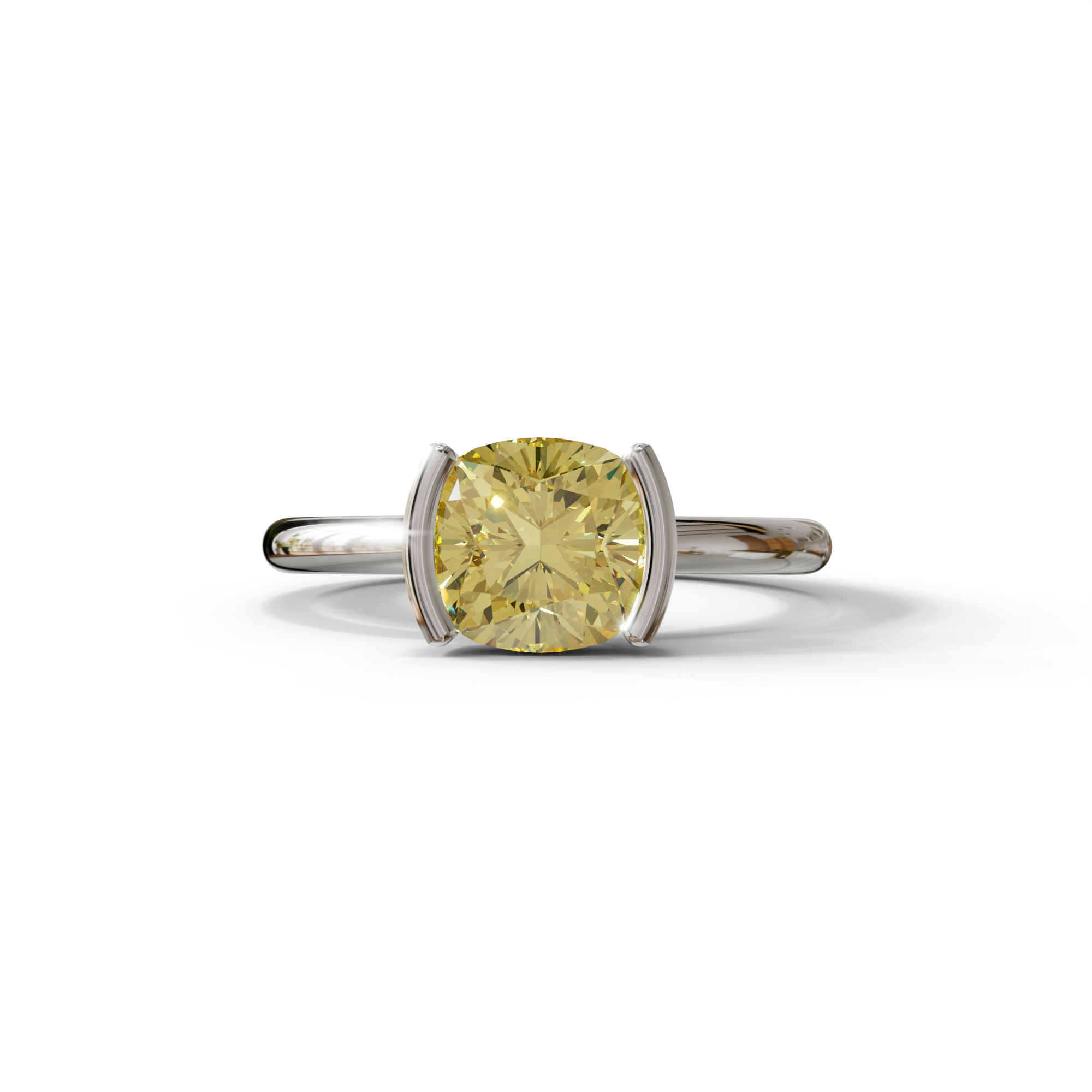 2 Carat Yellow Cushion Diamond Ring - Half Bezel Set Ring - Remi - 10K Solid Gold / White Gold