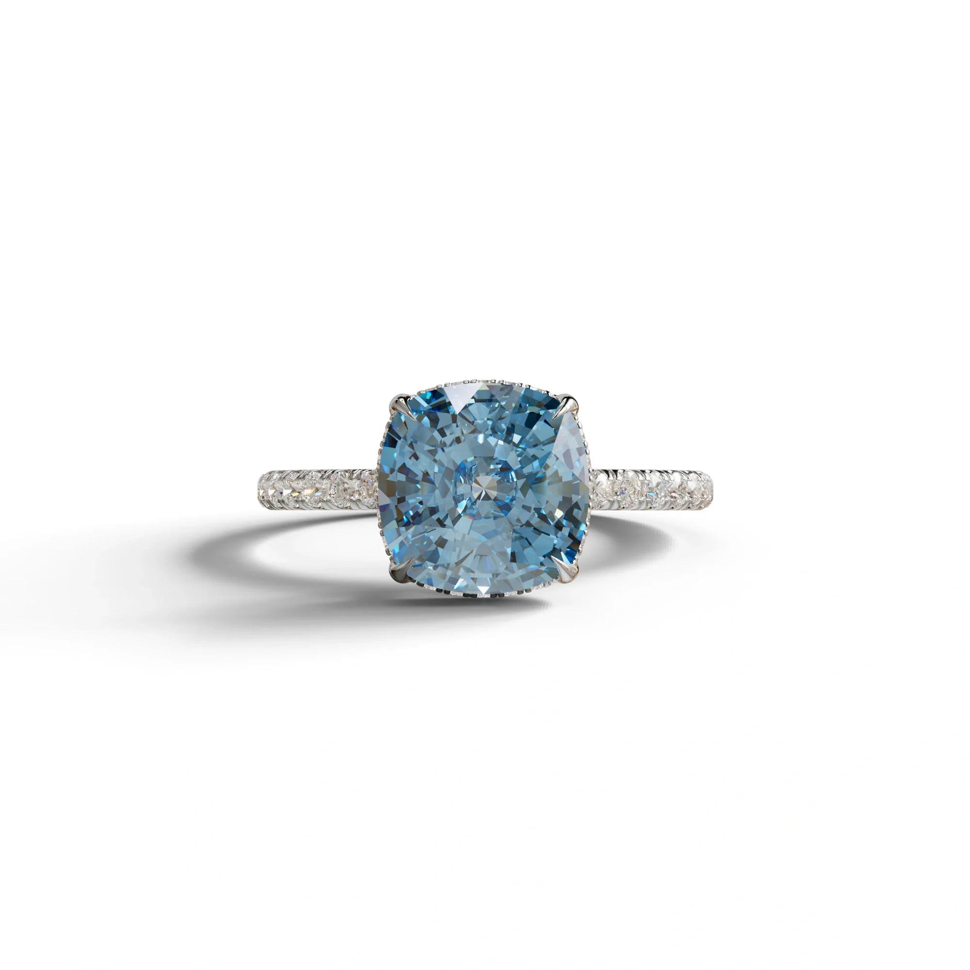 2.5 Carat Blue Cushion Cut Hidden Halo & Pave Lab Grown Diamond Ring - 10K Solid Gold / White Gold