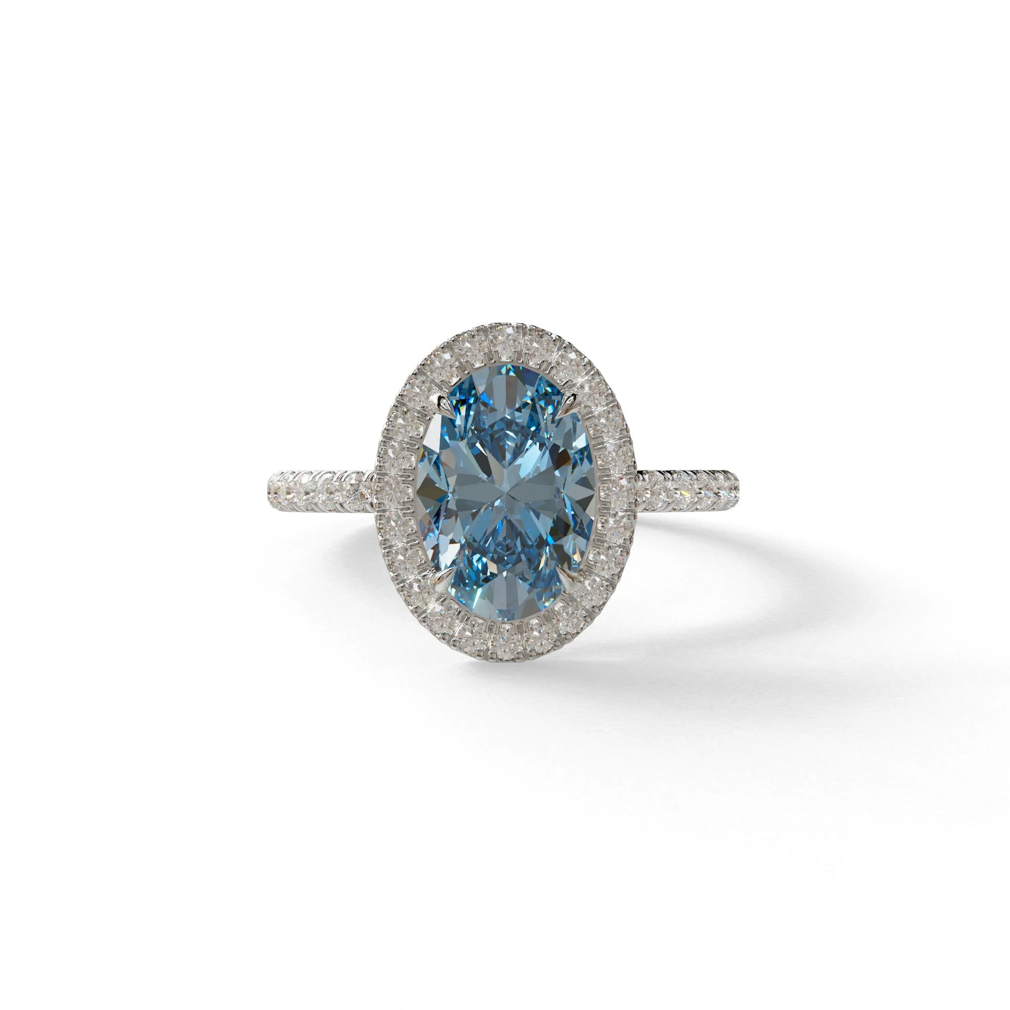 Blue Oval Cut Halo & Pave Lab Grown Diamond Engagement Ring - AnnaBella - 2 Carat / 10K Solid Gold / White Gold
