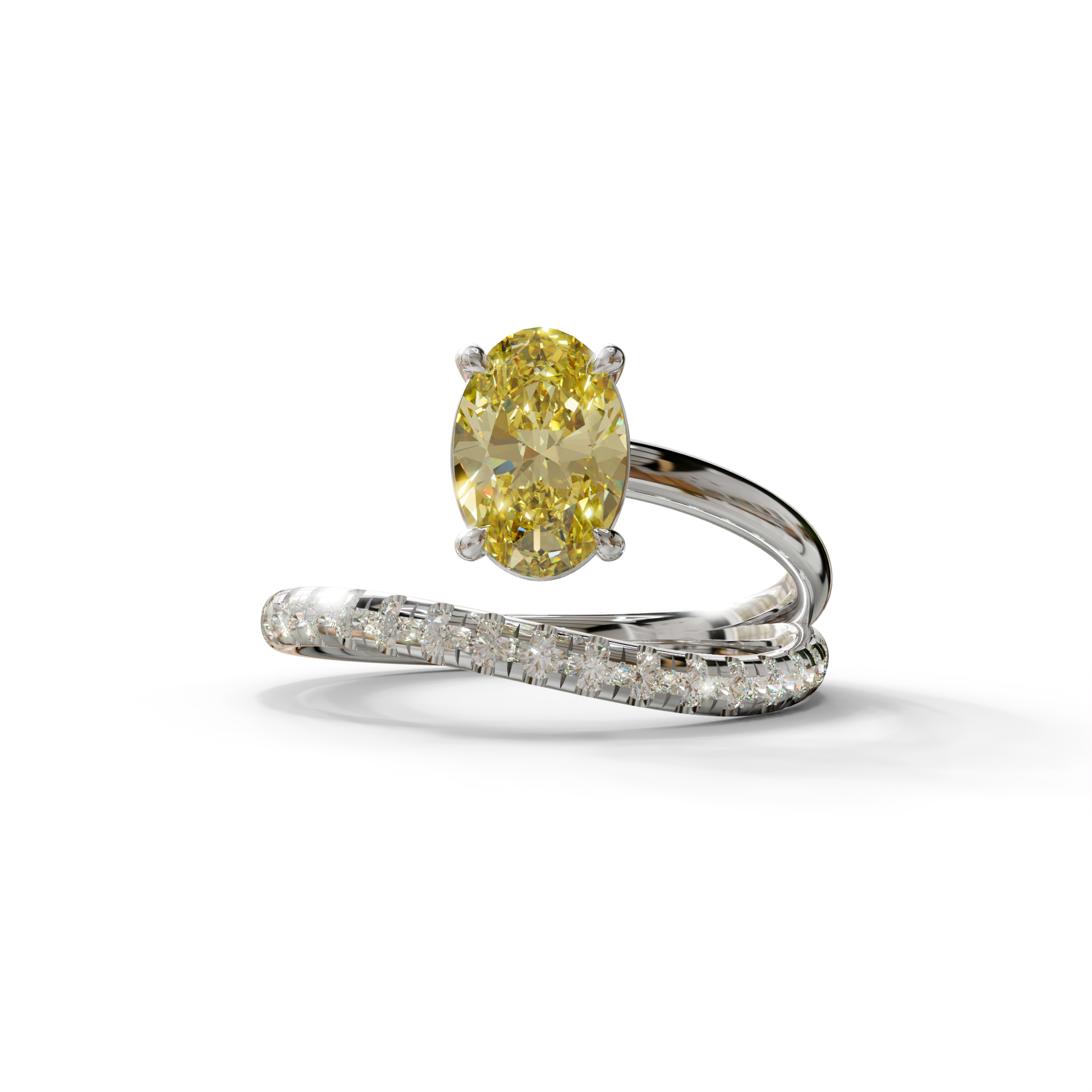 1.5 Carat S-Curve Yellow Oval Diamond Pave-set Diamond Ring - Bypass - 10K Solid Gold / White Gold