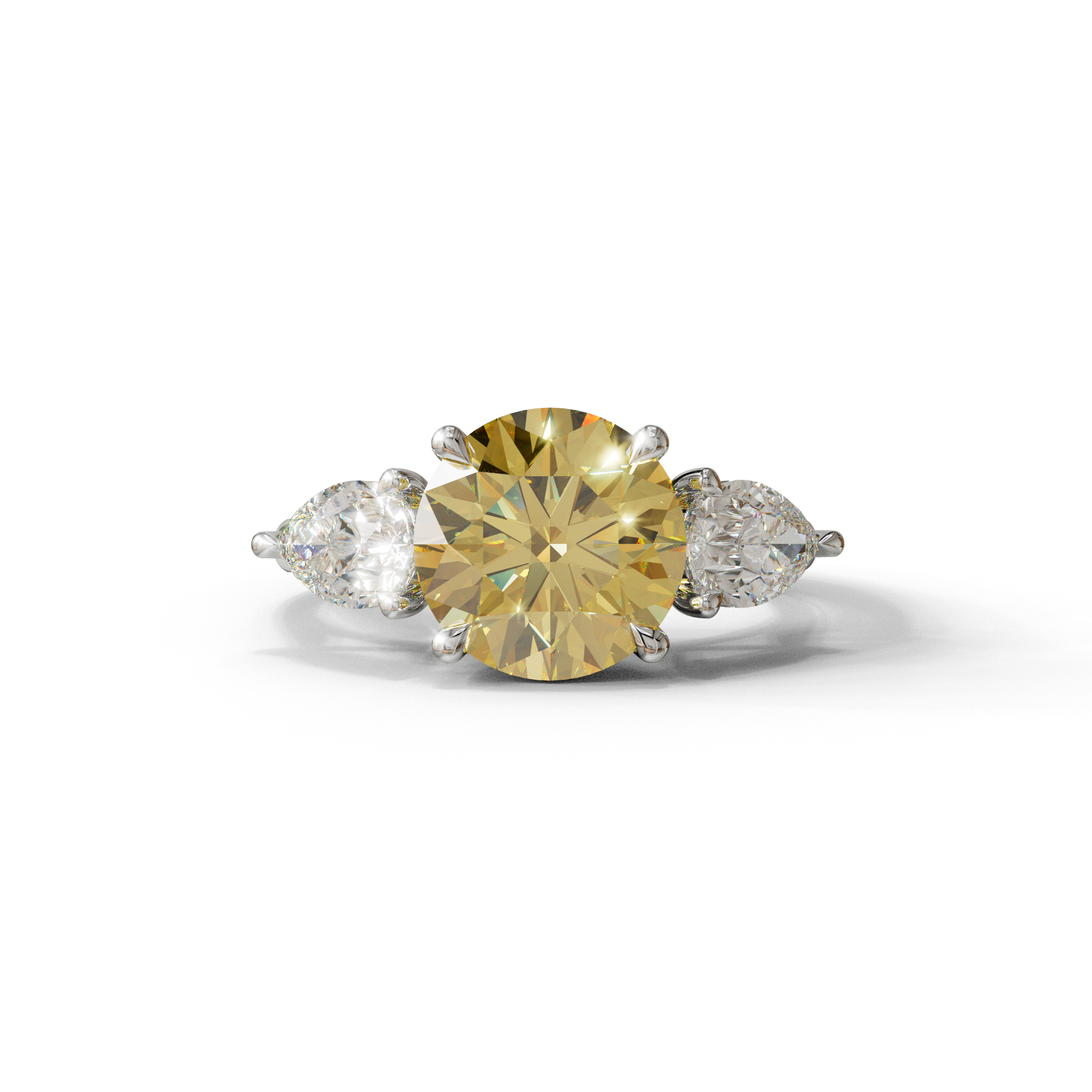 4 Carat Yellow Round & Pear Cut Three Stone Lab Diamond Ring - Luminous - 10K Solid Gold / White Gold
