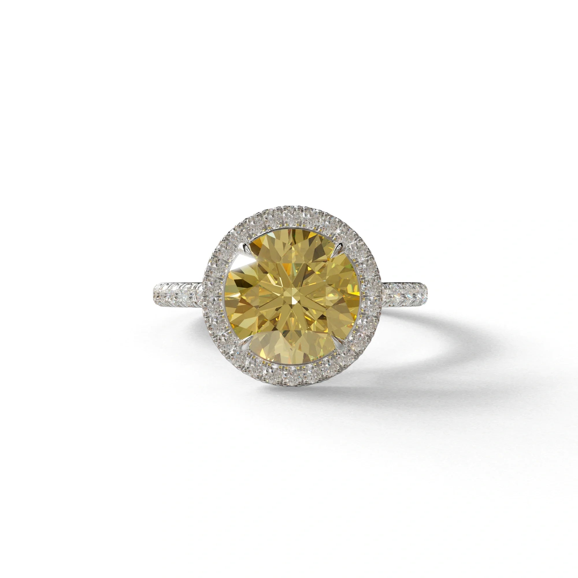 Fancy Yellow Round Cut Halo & Pave Lab Grown Diamond Engagement Ring - Flutura - 2 Carat / 10K Solid Gold / White Gold
