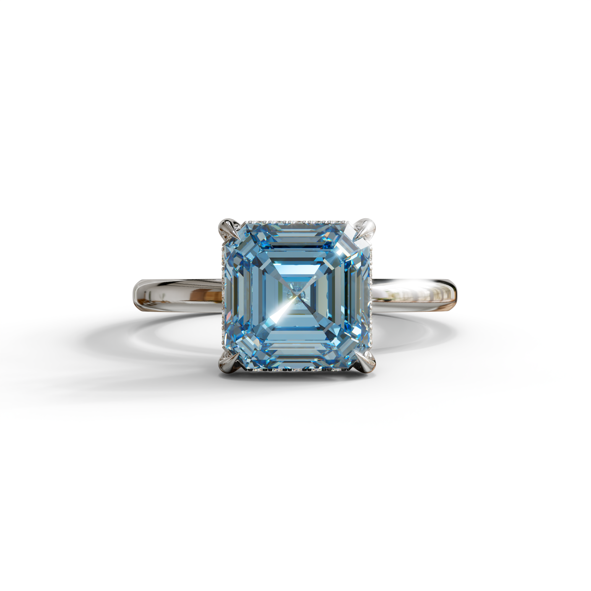 2.5 Carat Blue Asscher Cut Hidden Halo Setting Lab Grown Diamond Ring - 10K Solid Gold / White Gold