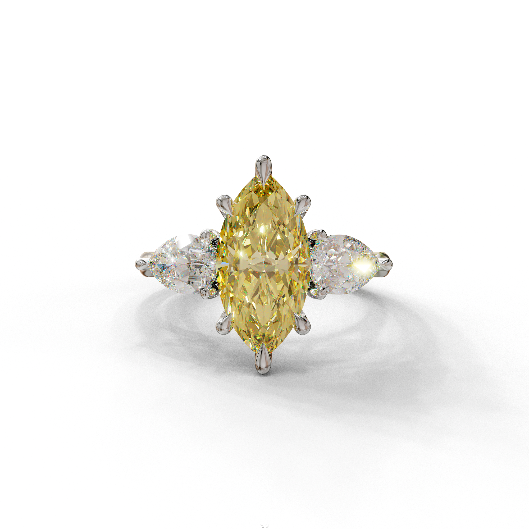 3 Carat Canary Yellow Marquise & Pear Cut Three Stone Lab Grown Diamond Engagement Ring - 10K Solid Gold / White Gold