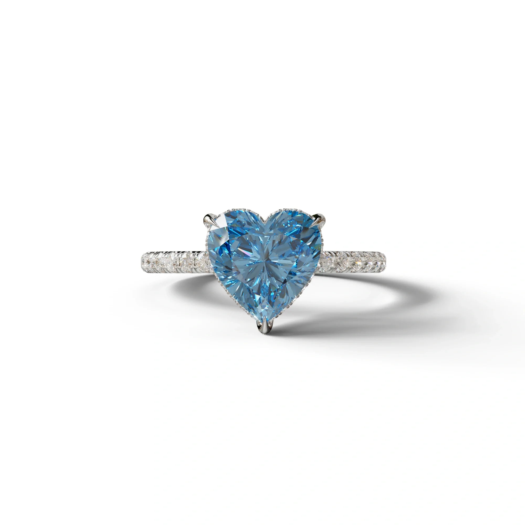 Blue 3 Carat Heart Cut Hidden Halo & Pavé Setting Engagement Ring - 10K Solid Gold / White Gold