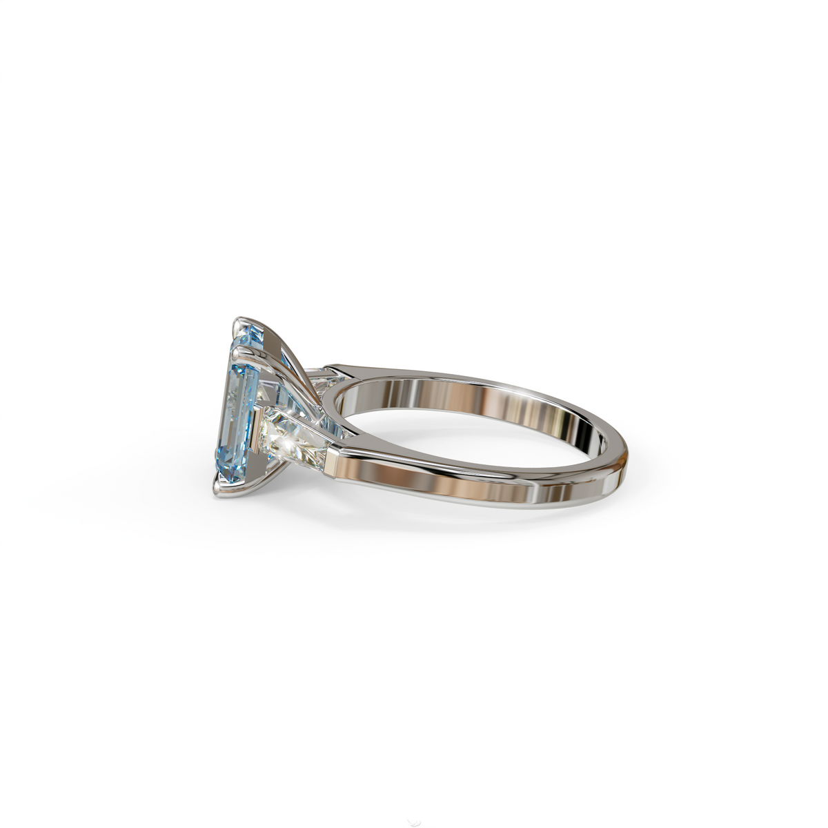 3.75ct Fancy Blue Emerald & Tapered Baguette Three Stone Lab Diamond Ring