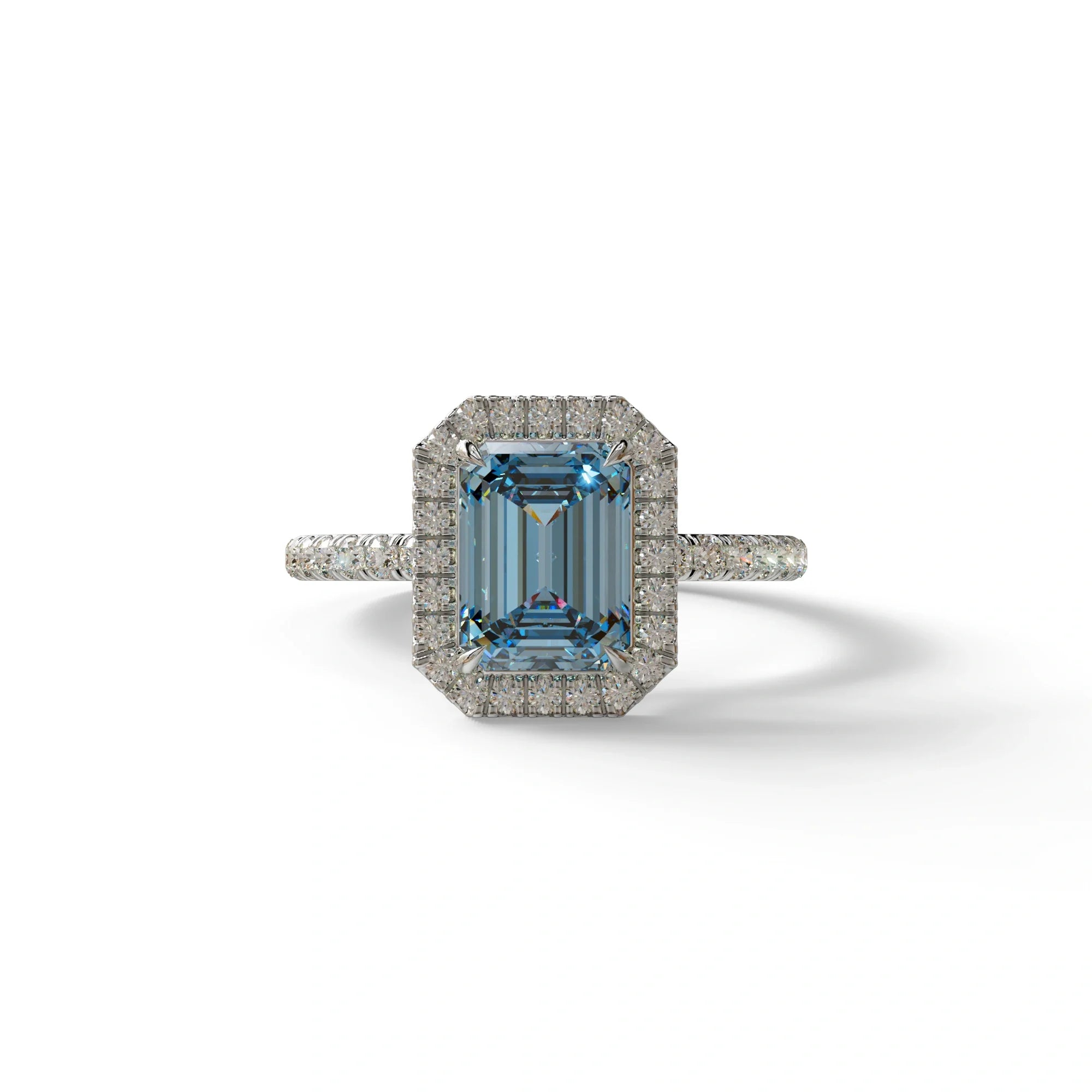 Blue Emerald Cut Halo & Pave Lab Grown Diamond Engagement Ring - Viola - 2 Carat / 10K Solid Gold / White Gold