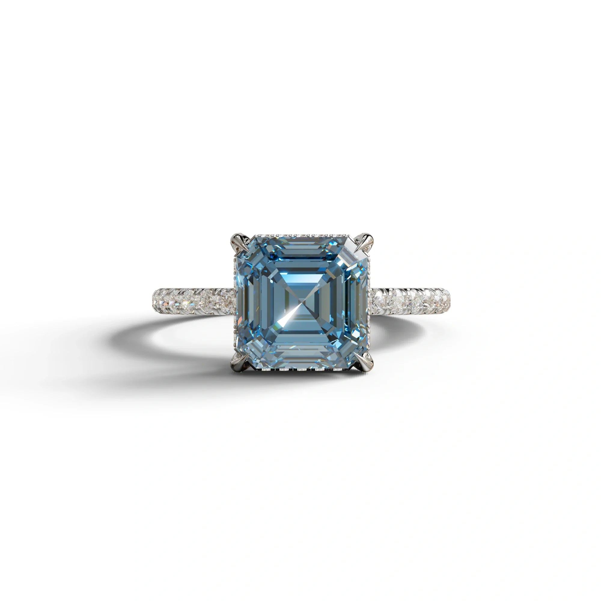 3 Carat Blue Asscher Cut Hidden Halo & Pave Lab Grown Diamond Ring - 10K Solid Gold / White Gold