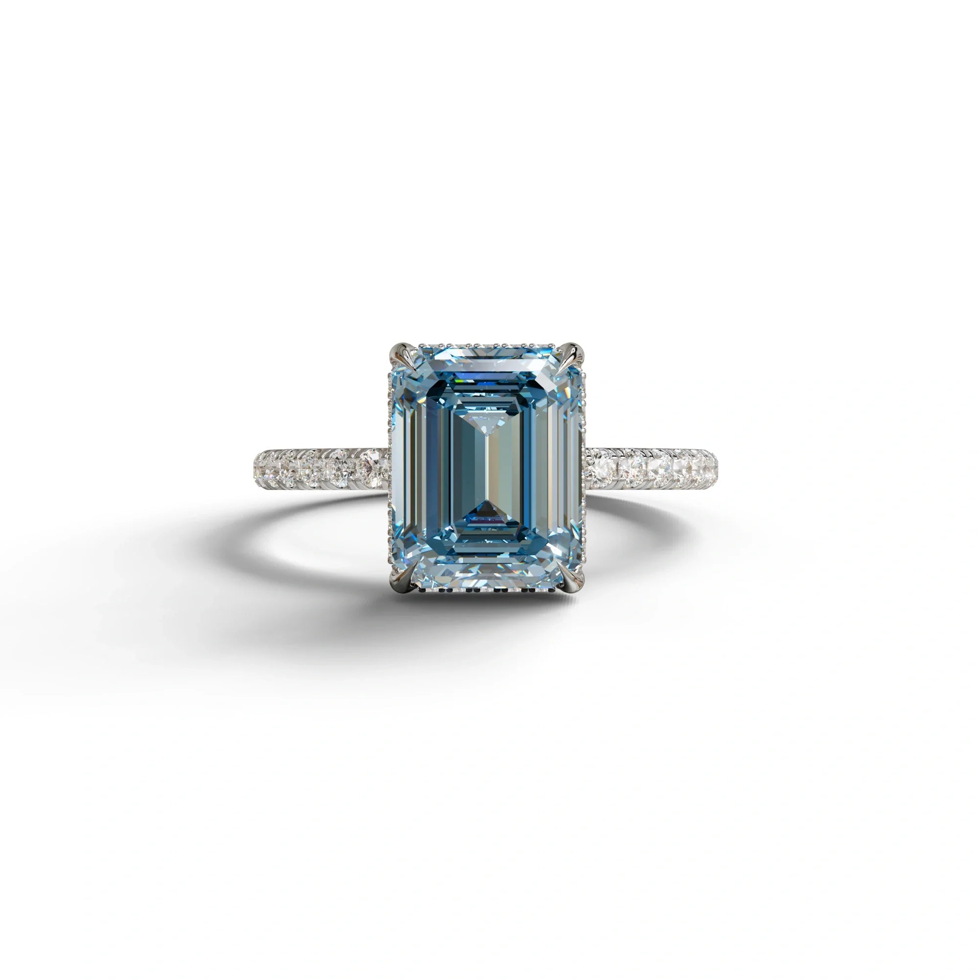 3 Carat Blue Emerald Cut Lab Diamond In Hidden Halo & Pave Setting Ring - 10K Solid Gold / White Gold