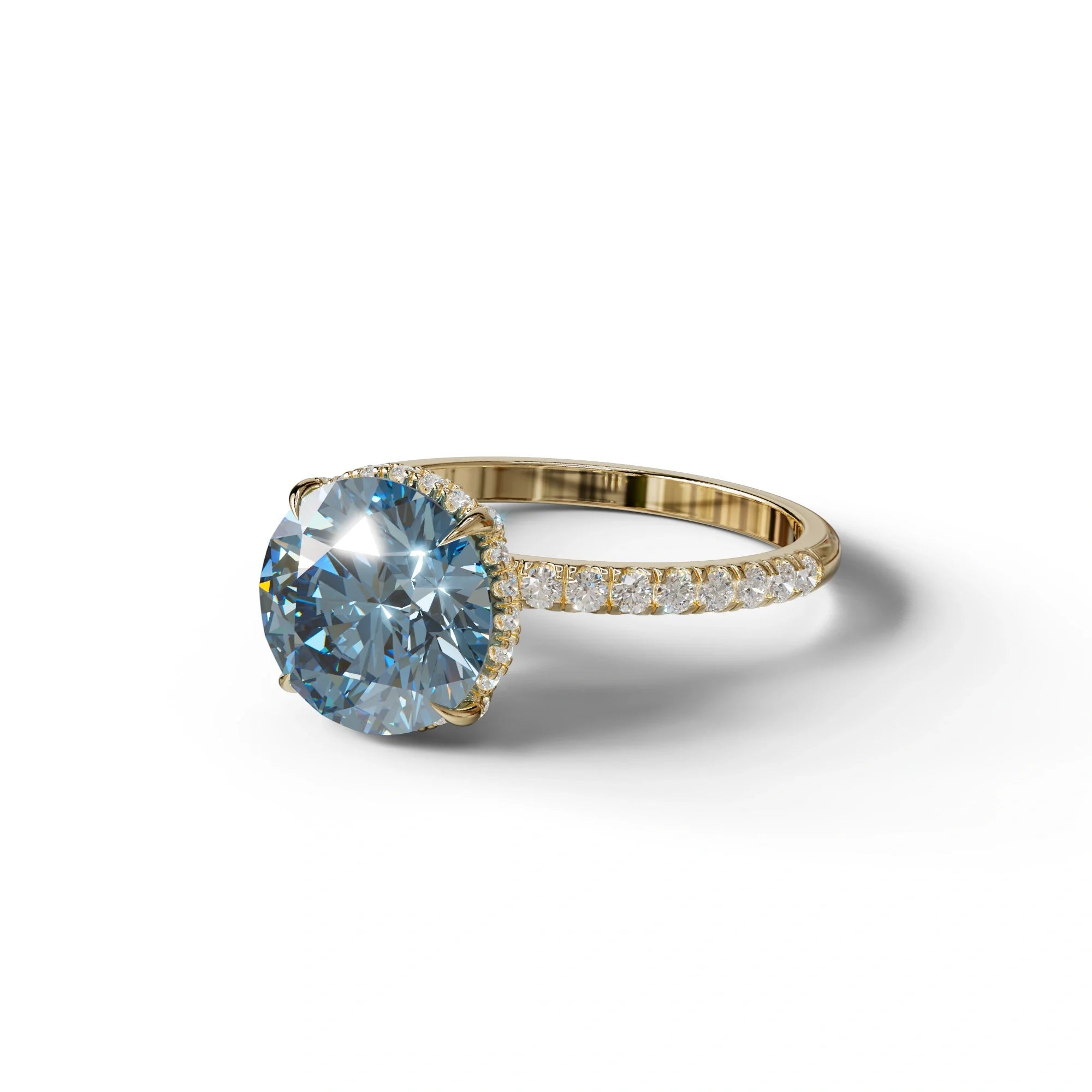 3.5 Carat Blue Round Cut Lab Diamond Ring - Halo & Pave Setting Wedding Ring