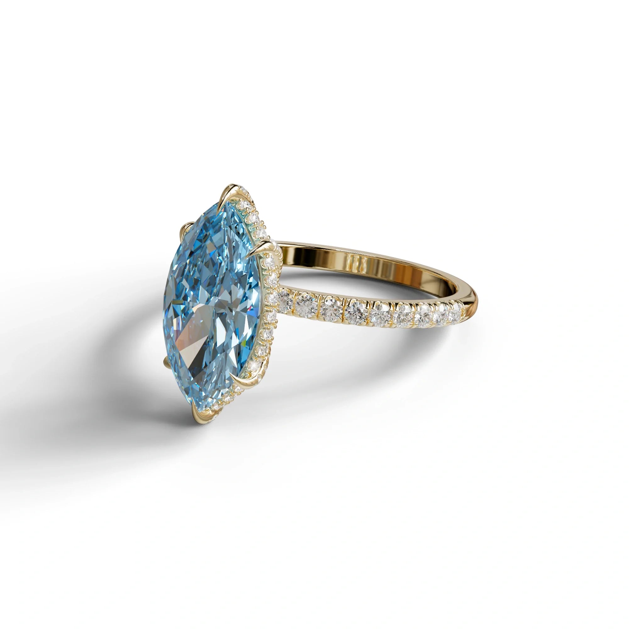 3 Carat Blue Marquise Cut Lab Diamond In Hidden Halo & Pave Setting Ring
