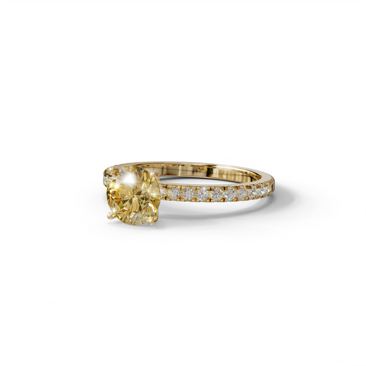 1.5 Carat Yellow Round Lab Diamond Ring - Classic Pave Set Ring